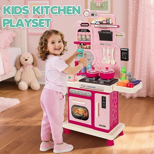 Miniatura 12 de Juego de cocina para niños, juego de cocina para niños pequeños, juguetes con sonido y luz, estufa de cocina, fregadero de juegos, accesorios