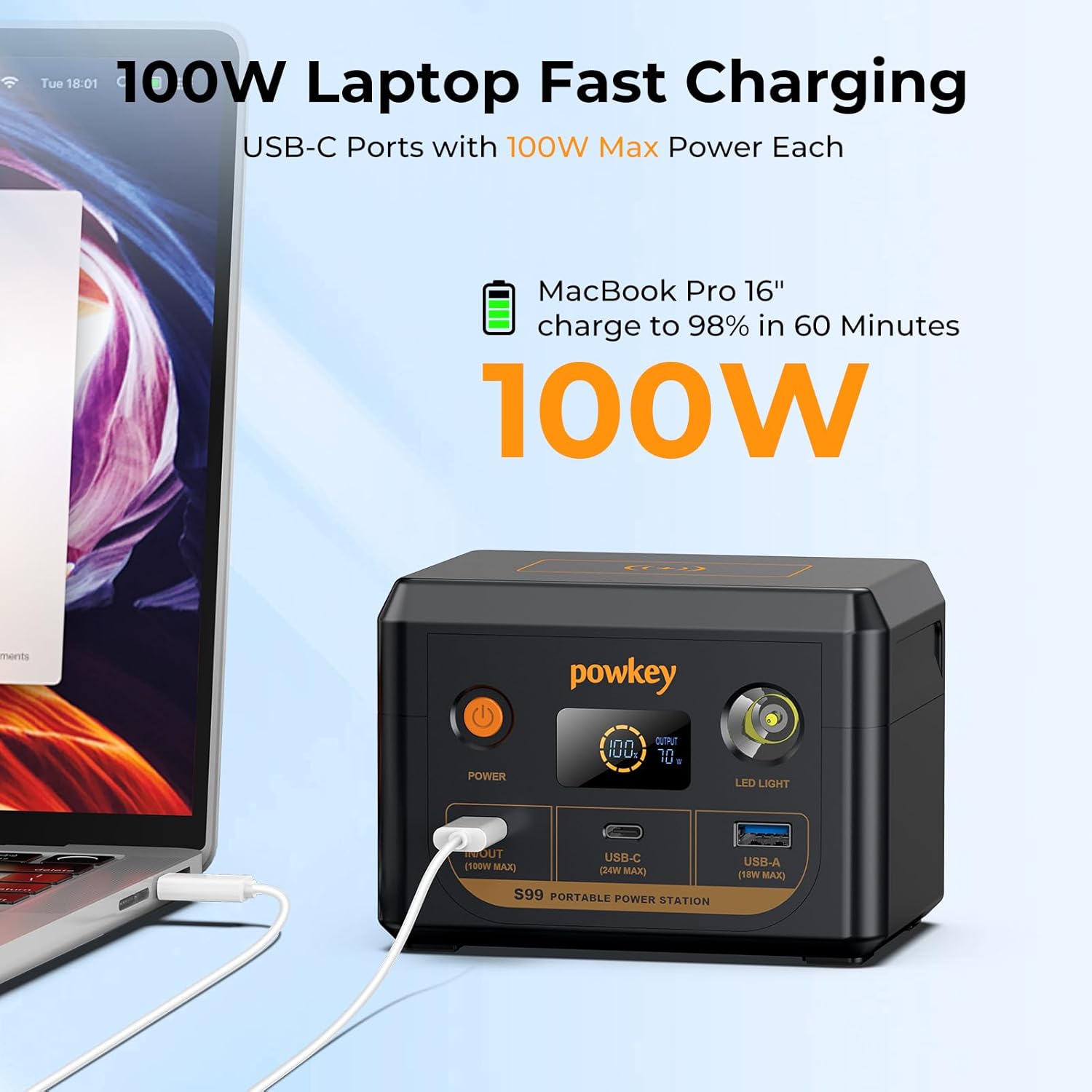powkey S99 Portable Power Station fast charging a MacBook Pro 16 inch to 98% in 60 minutes.