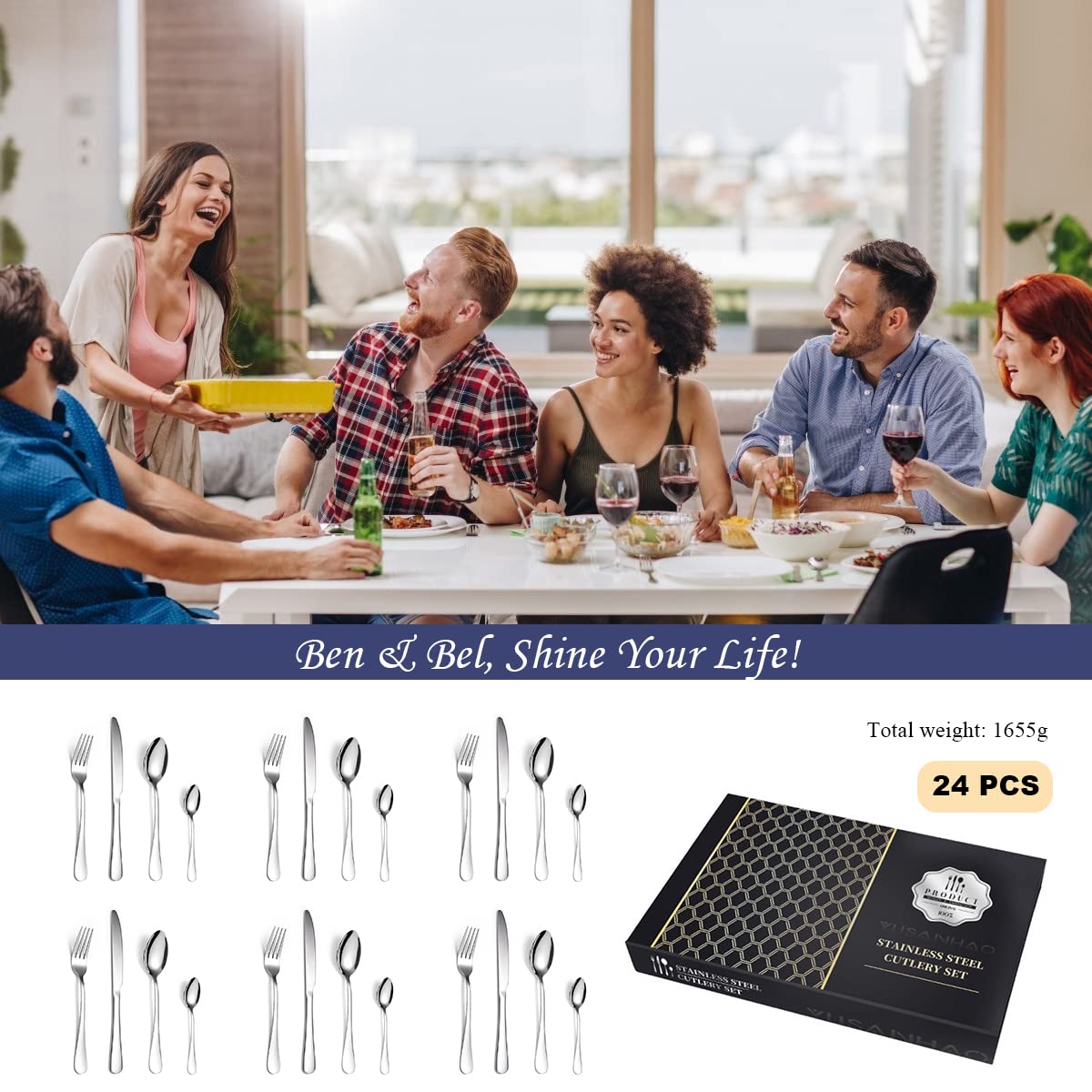 Ben & Bel Ménagère 24 pièces pour 6 personnes en acier inoxydable avec boîte cadeau, facile à nettoyer et passe au lave-vaisselle