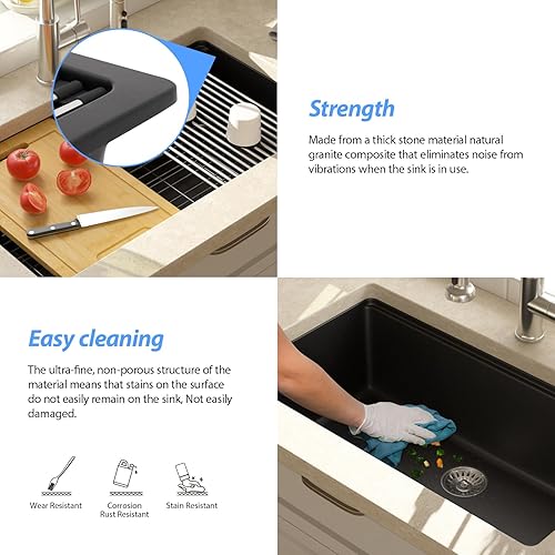 Miniatura 4 de Lordear Lordear - Fregadero de cocina compuesto de 32 pulgadas, fregadero de cocina de granito de cuarzo compuesto blanco profundo de un solo tazón