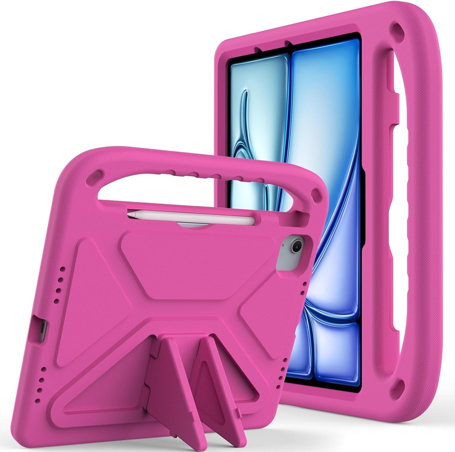 Compatible with iPad Air 11 Inch M2(2024)/Pro 11 inch (2024) M4 Kids Kickstand Case, Cute Design Lightweight EVA Shockproof Stand Protective Case,[Shoulder Strap][Handle] (Red)