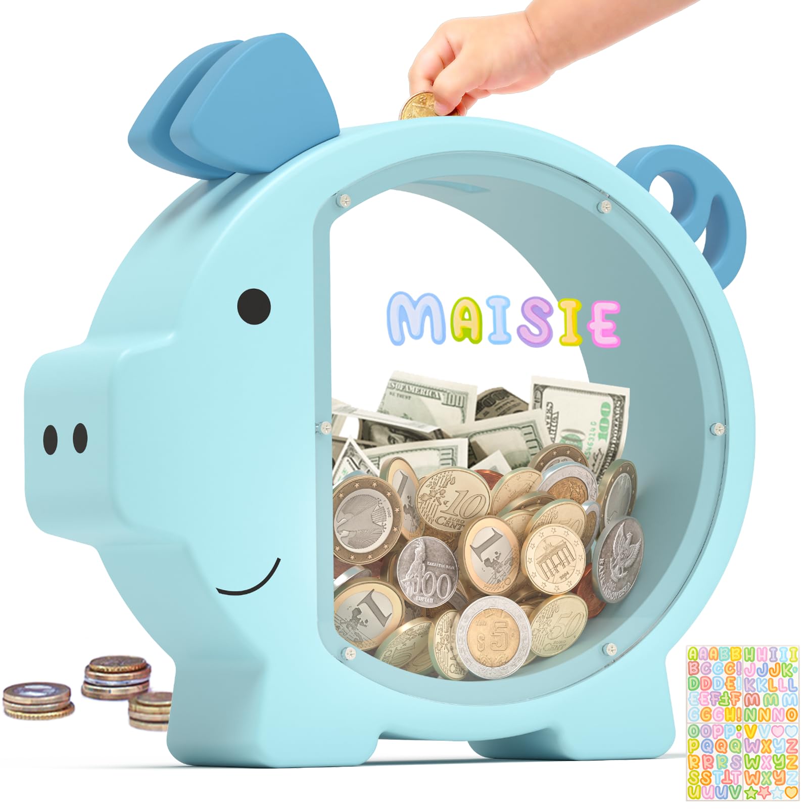 Summidate Hucha de Madera para Niños Niñas Niños Pequeños Adultos Grande Irrompible Billetes Monedas Cambio Frasco de Ahorro de Dinero Niños Regalo Personalizado Decoración de Guardería (Hucha Azul