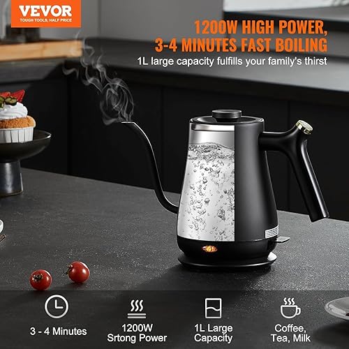 Miniatura 3 de VEVOR Hervidor eléctrico de cuello de cisne de 1 litro, hervidor de té de cuello de cisne de calentamiento rápido de 1200 W, calentador de agua