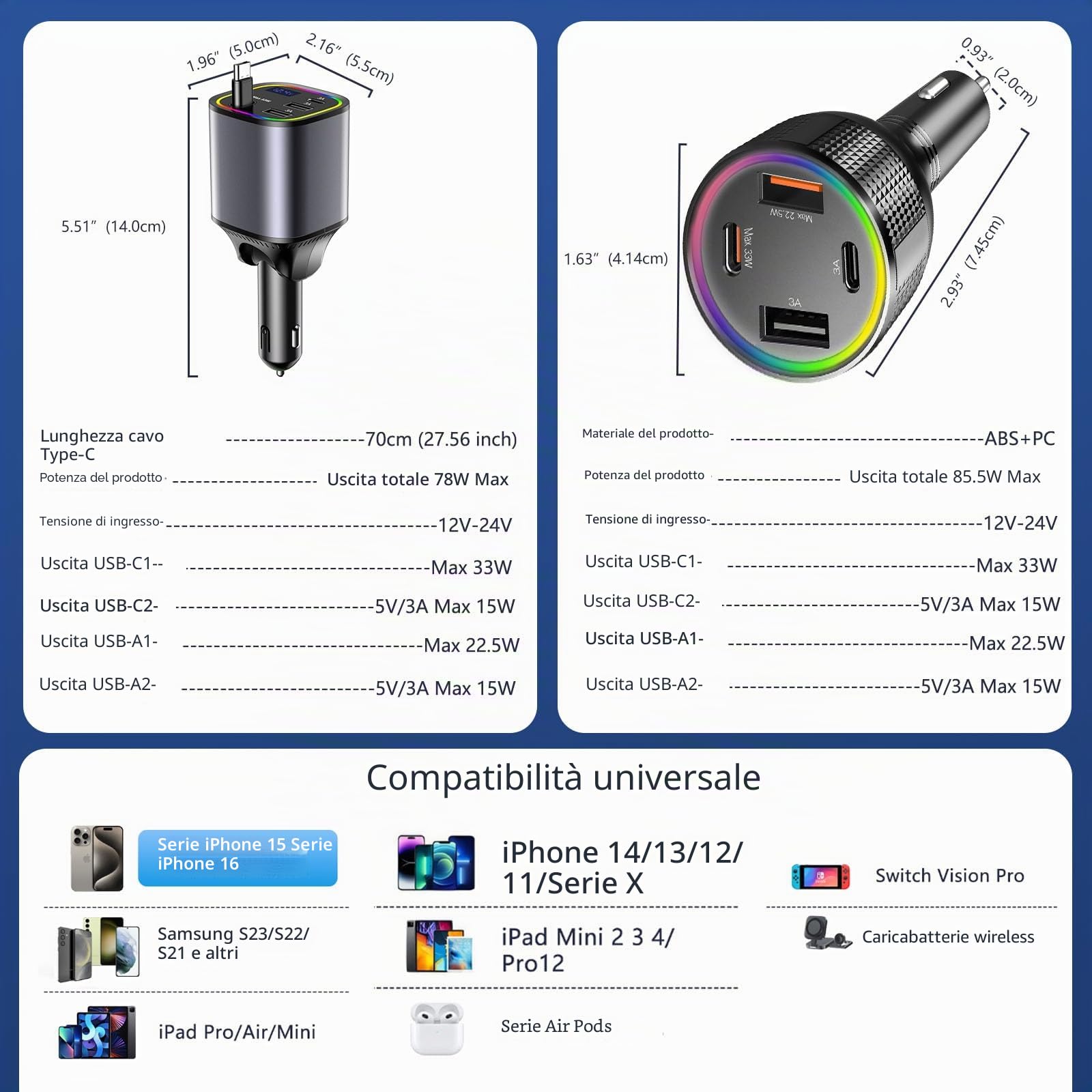 Caricatore Auto Accendisigari USB C (2pez), AGEMANY 4in1 Retrattile Caricatore con Cavo per Auto Cellulare & 4 Ports Rapido Caricatore Accendisigari Auto per iPhone Android, Auto Accessori 12V
