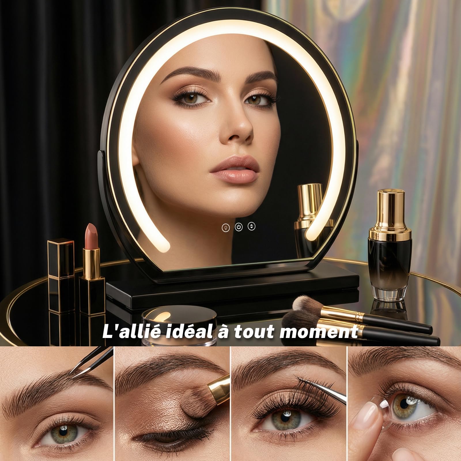 Miroir Maquillage Lumineux Rond 40cm, LED Miroir Coiffeuse cosmétique éclairé Coiffeuse, 3 températures de Couleur Touche Contrôle Tactile Luminosité Réglable Angle réglable, Plug & Play