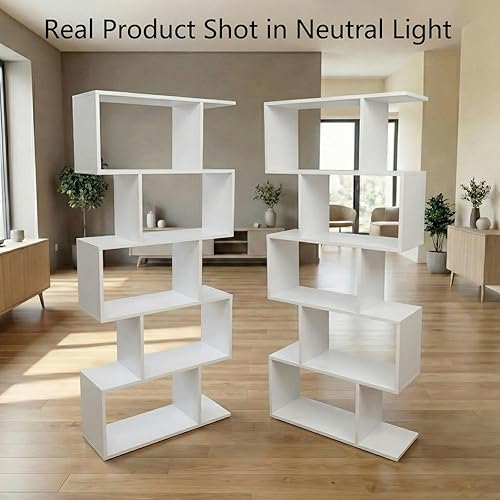 Miniatura 3 de 5-Tier Geometric Bookcase (Set of 2), 62.6" Tall S-Shaped Bookshelf & Room Divider, Modern White Freestanding Display Shelving Unit for Living Room