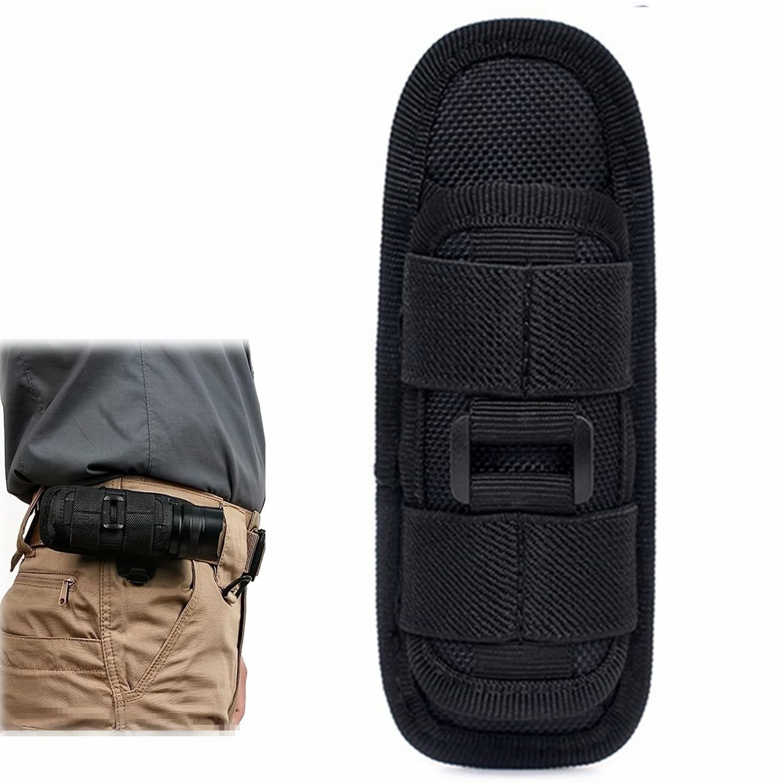 Porta Torcia Cinturone, Supporto per Torcia Tattica, Girevole a 360° per Escursionismo, con Sgancio Rapido per Caccia, Pesca in Campeggio, 15 x 5,5 cm, Nero