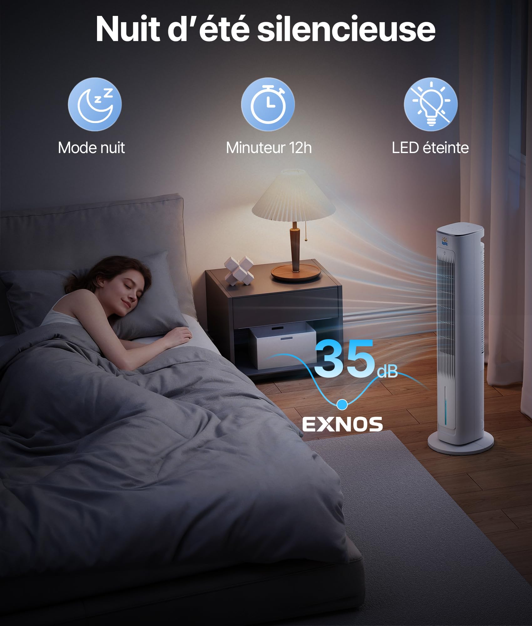 Rafraichisseur d'Air Silencieux- Alternative Auclimatiseur Mobile Sans Évacuation, Oscillation 75°, Minuterie 12H, Télécommande, Blanc
