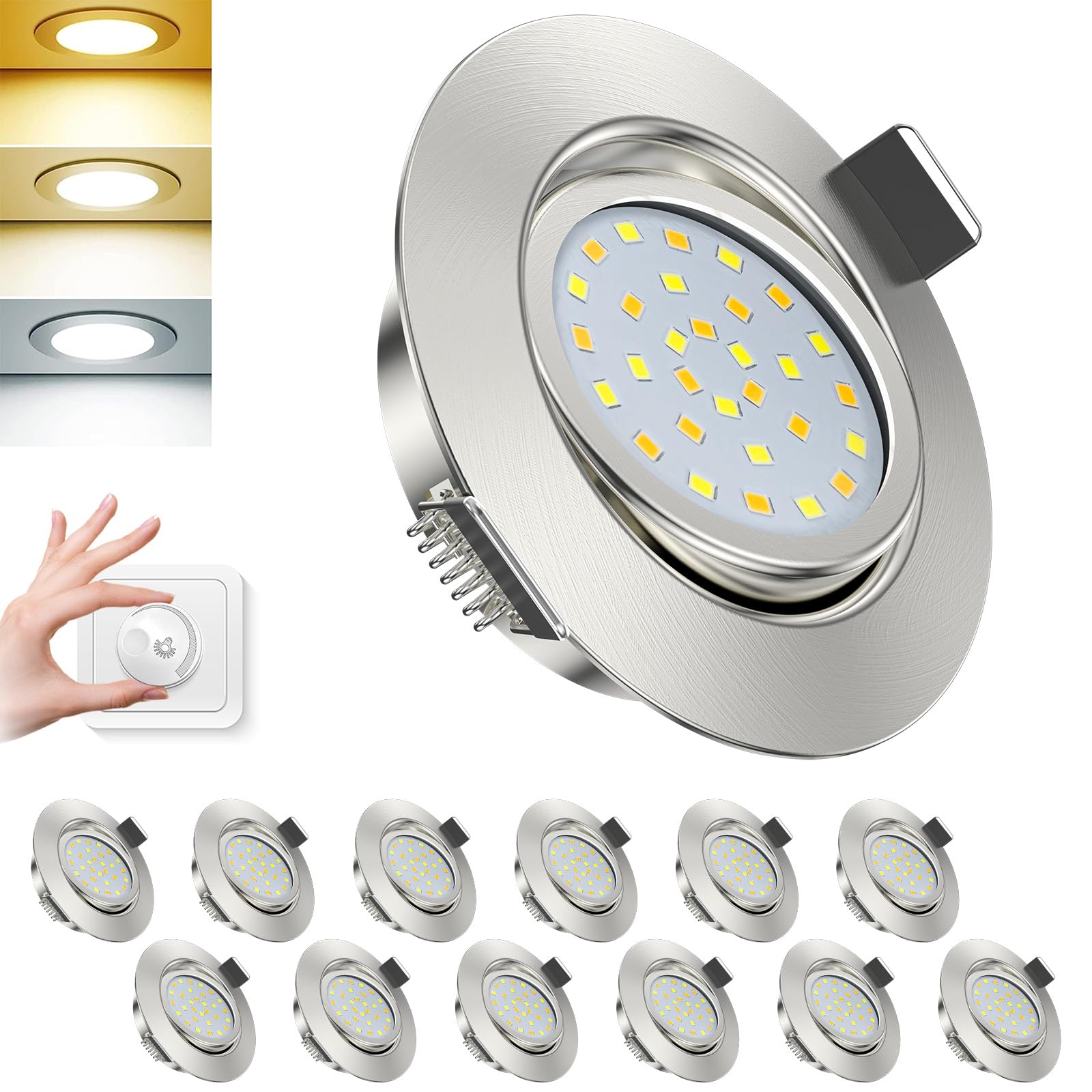 ACELIFE LED Einbaustrahler 230V, 7W 950LM Dimmbar Deckenspots Flach Einbauleuchten 68-80mm Schwenkbar Spots Warmweiß 3000K Neutralweiß 4500K Kaltweiß 6000K für Badezimmer Küche Wohnzimmer,12er Set