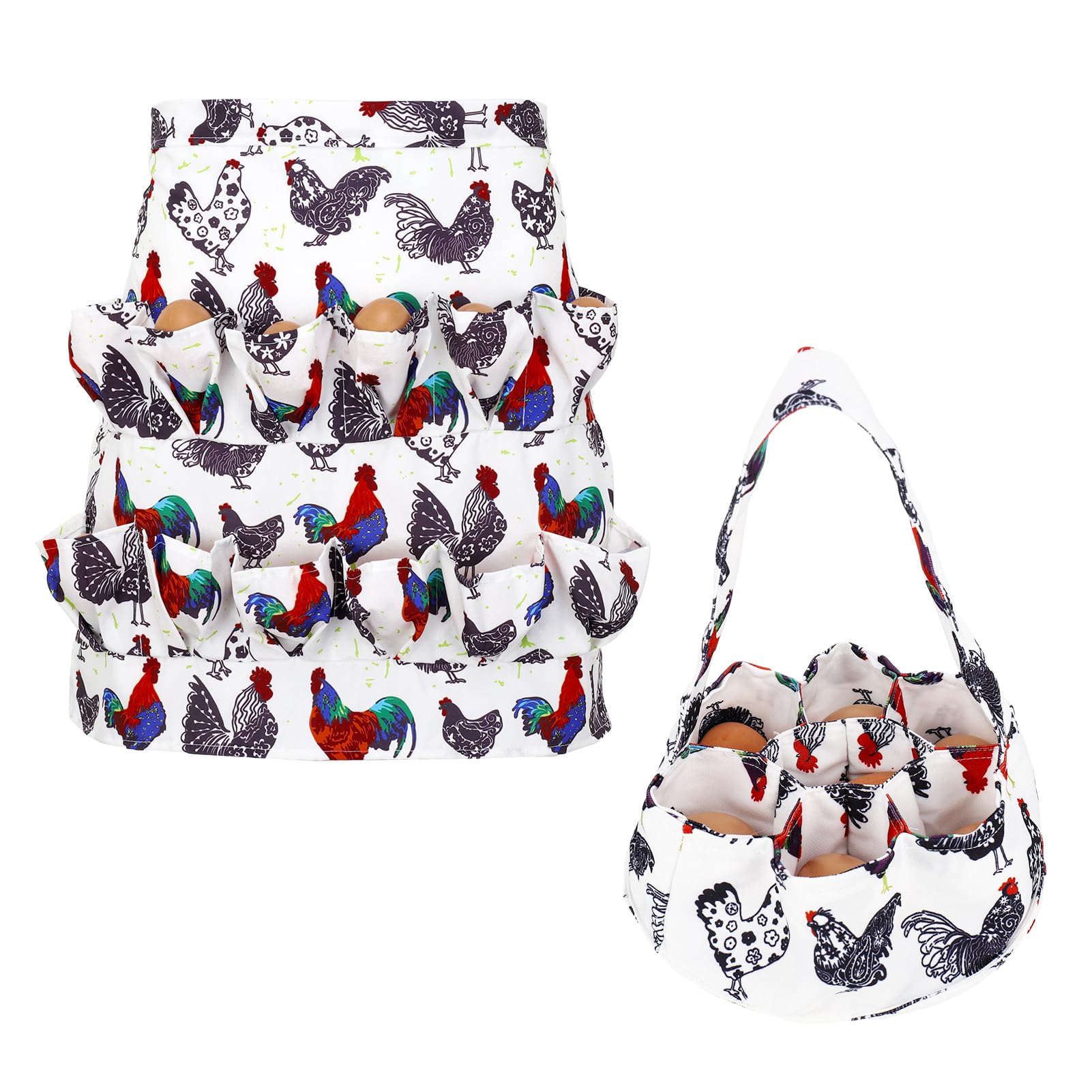 Egg Collecting Apron and Basket, 12 Deep Pockets Chicken Apron and 7 Deep Pockets Basket