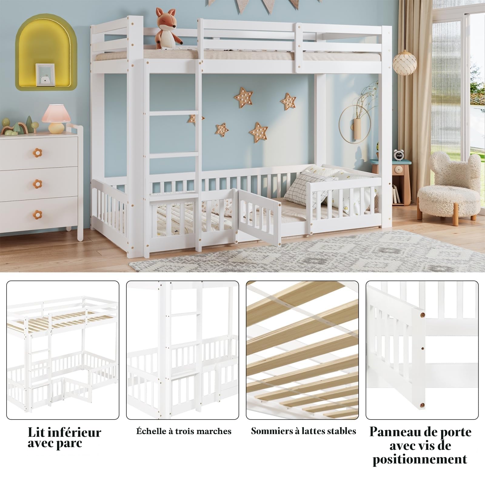 Sweiko Lit superposé avec échelle à Angle Droit 90X200 cm, Cadre de lit avec Rails et Portes, couchette inférieure sans Lattes