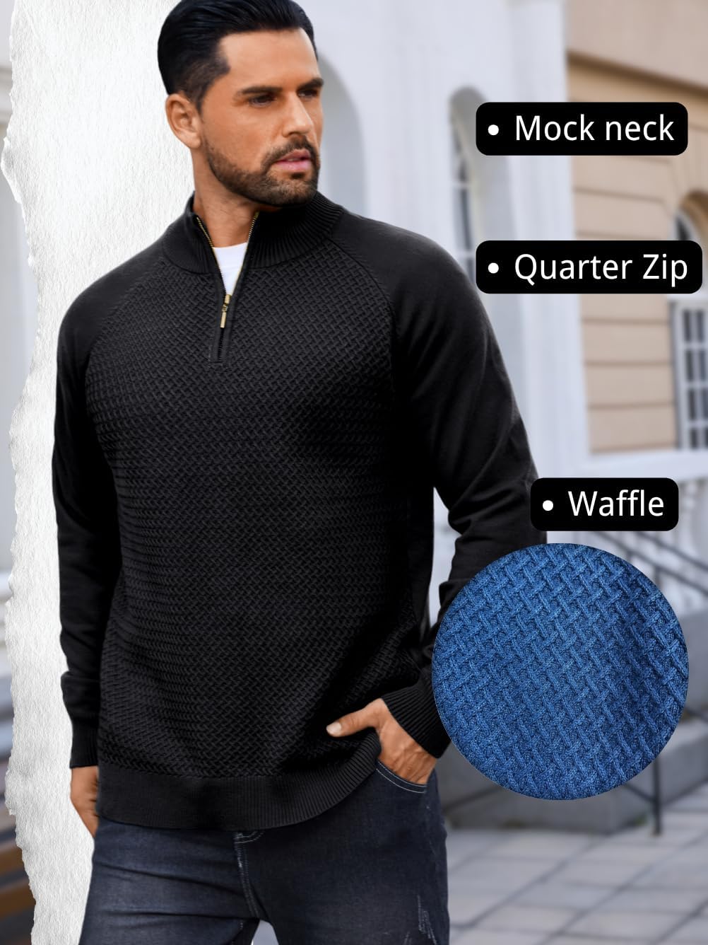 Mens 1/4 Quarter Zip Sweater, Waffle Knit Raglan Long Sleeve, S-2XL Fitted Mock Neck Casual Pullover Sweatshirt - Image 4