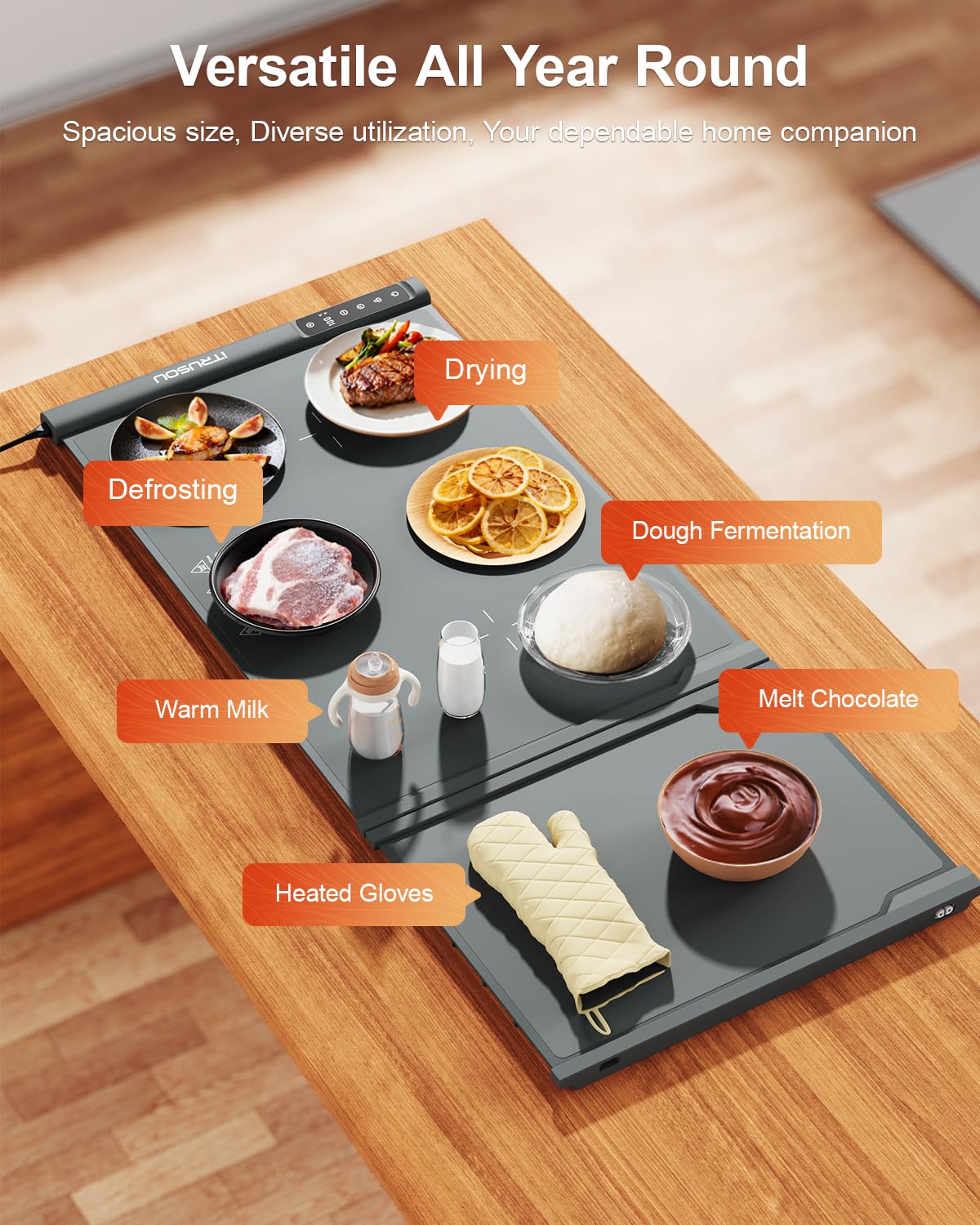 Expandable Warming Mat for Food – iTRUSOU 38"x16" Silicone Warming Tray with 7 Temp Settings, Switchable℃/℉, 99H Timer, Child Lock – 2 Panels Custom Sizes for Energy Efficiency — Amazon image 8