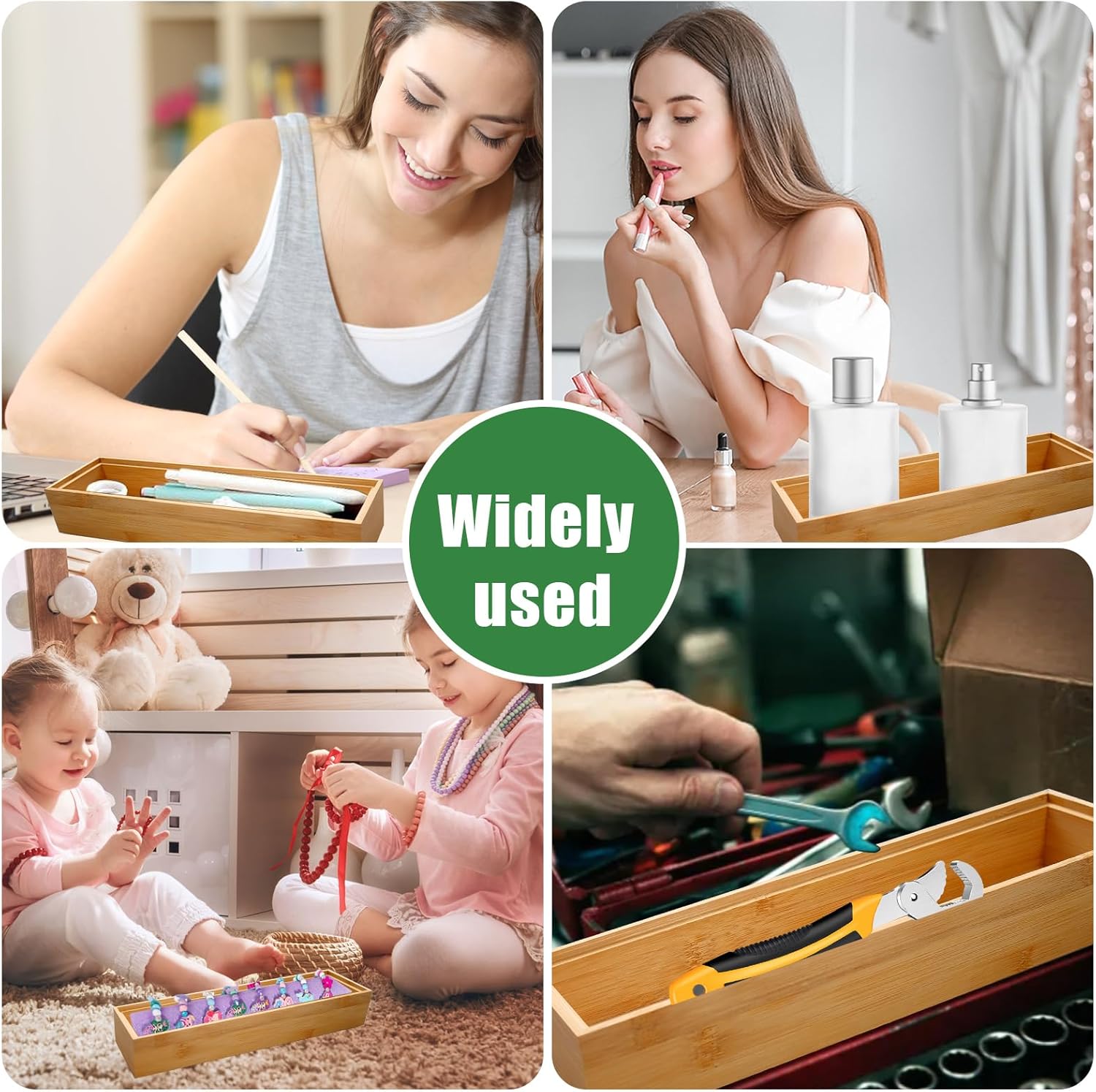 10 Pack Bamboo Drawer Organizers Stackable Wooden Cutlery Storage Boxes for Kitchen, Drawers, Bathroom, Office, Wooden Cutlery Tray (12 x 3 x 2 inches)