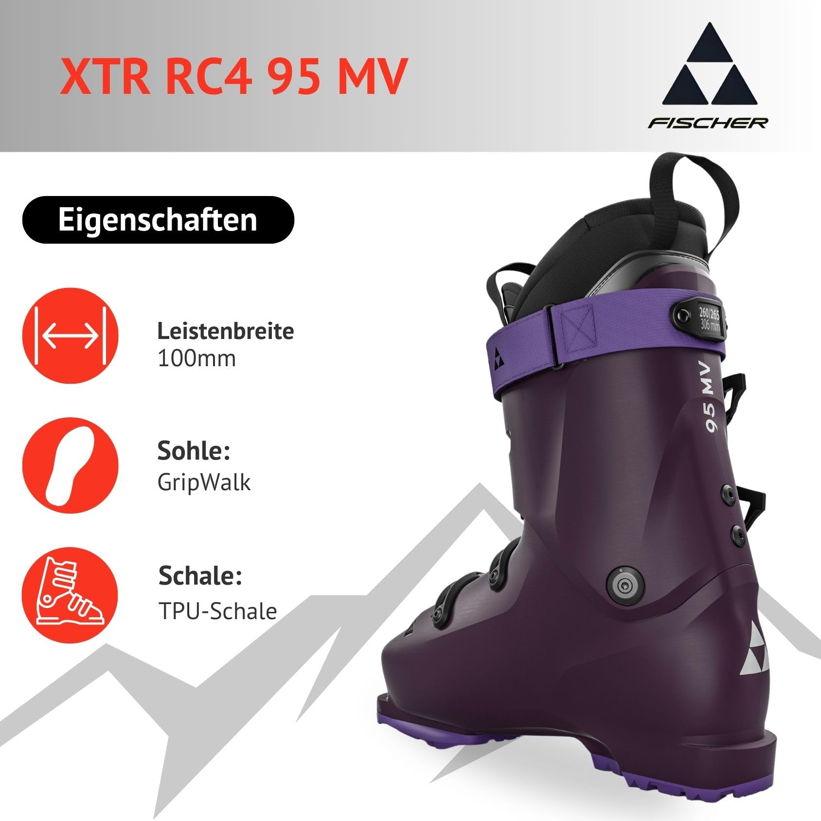 Fischer Damen Skischuhe Skistiefel Alpinskischuhe Alpin-Skistiefel Alpinstiefel für Frauen XTR RC4 95 MV - Flex 95 - GripWalk - Allmountain - für fortgeschrittene Fahrer