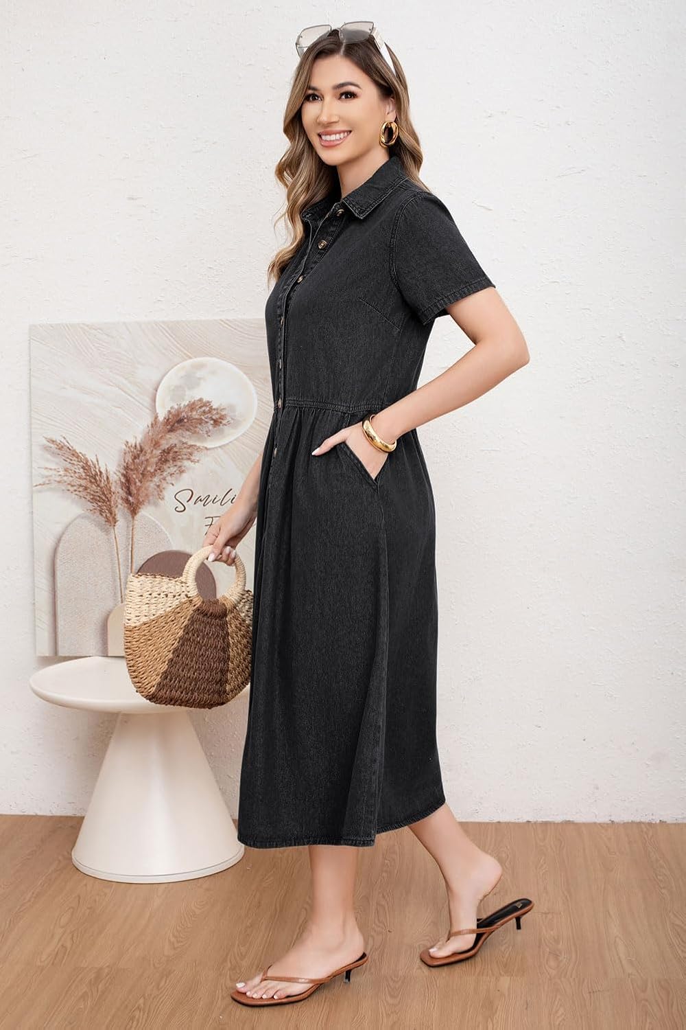 utcoco Womens Denim Dress Lapel Short Sleeve Frayed Hem Jean Dresses Oversized Button Down A Line Shirt Dress - Image 6