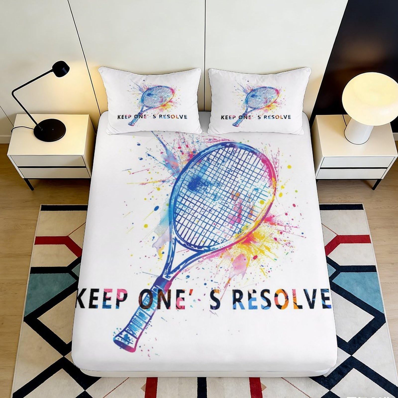 Pnayamiorkfel Style-7 3D Printed Tennis Racket Fitted Sheet Microfiber Color Splash Bed Sheet For Bedroom Guest Room Mattress Protection 90X200x25cm