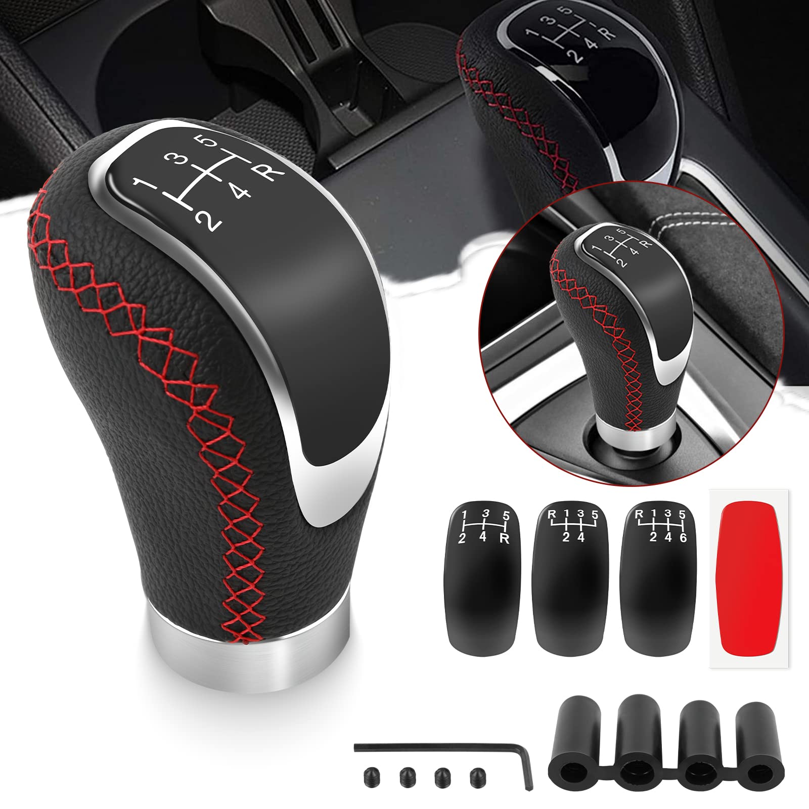DREAMOTOR Pomo Palanca de Cambios Manual Universal para Coche, 5 Velocidades, de Cuero Antideslizante, con 4 Adaptadores de 8 mm, 10 mm, 11 mm y 12 mm para Vehículos con Transmisión Manual.
