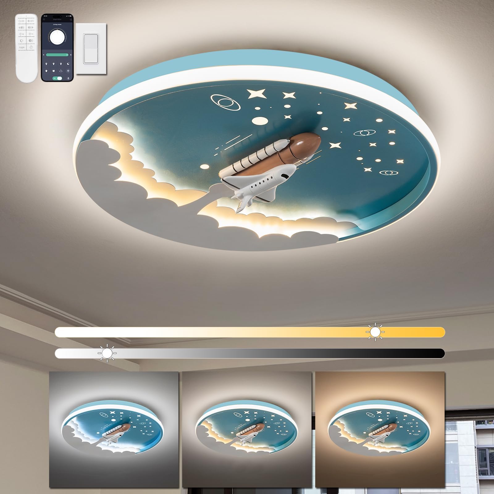 Shine LUEST Kids Room Ceiling Lamp 20" Kitchen Ceiling Light with Remote Control 3000k-6000k Blue Cartoon Rocket Semi Flush Mount Ceiling Lights for Bedroom