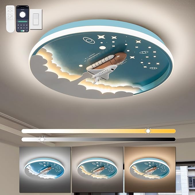Shine LUEST Modern Ceiling Light Fixtures Dimmable LED Kids Room Ceiling Lamp 20" Kitchen Ceiling Light with Remote Control 3000k-6000k Blue Cartoon Rocket Semi Flush Mount Ceiling Lights for Bedroom