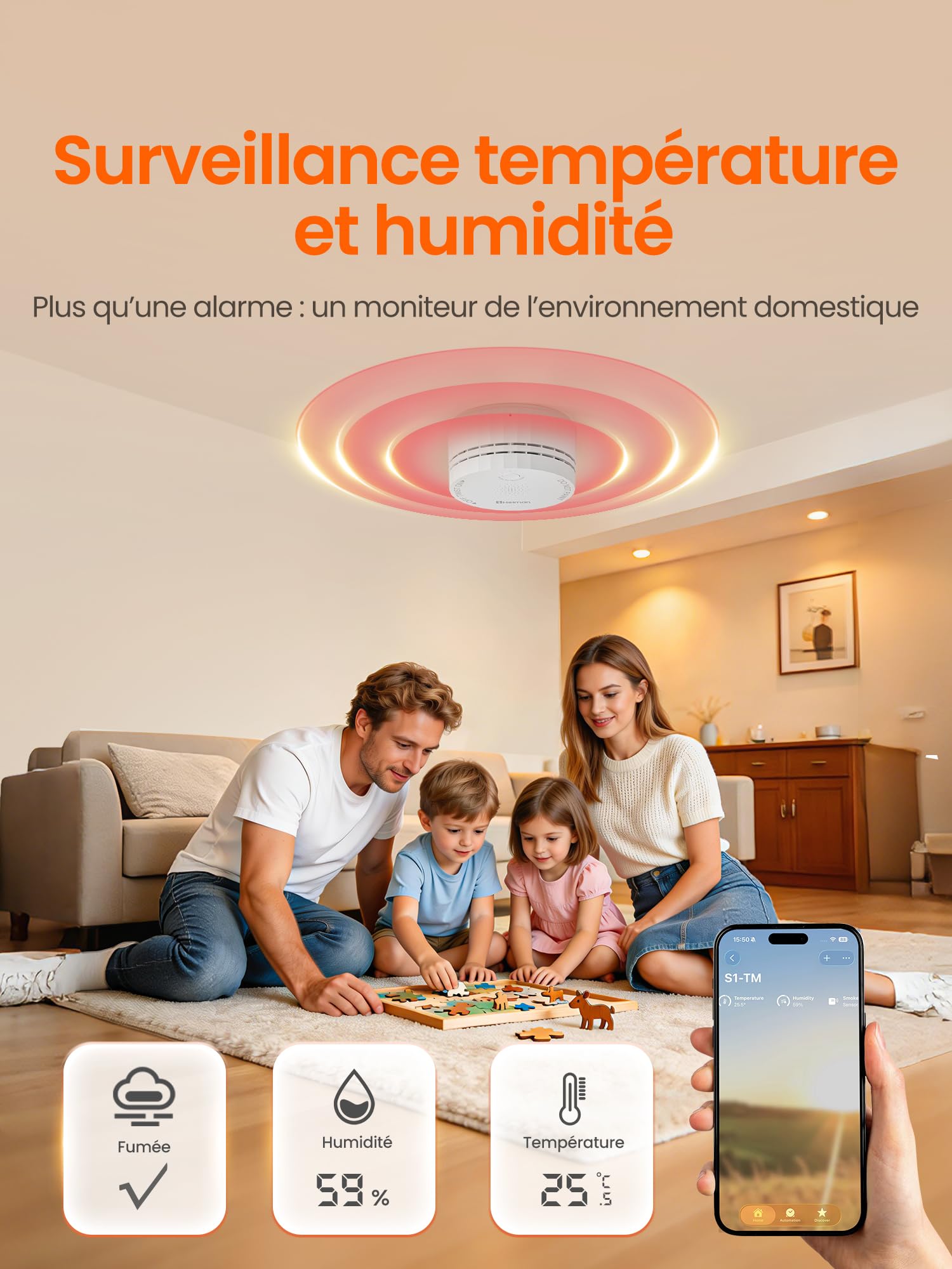 Heiman Detecteur de Fumée Matter avec Capteur de Température et d'Humidité | Pile Remplaçable 5 Ans, Fixation Magnétique, Compatible avec Apple Home/SmartThings/Home Assistant/Homey, S1-TM