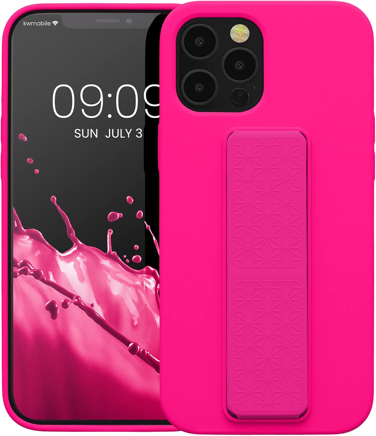 kwmobile Case Compatible with Apple iPhone 12 Pro Max - Case with Hand Strap and Stand Soft TPU Silicone Coating - Neon Pink - Image 8