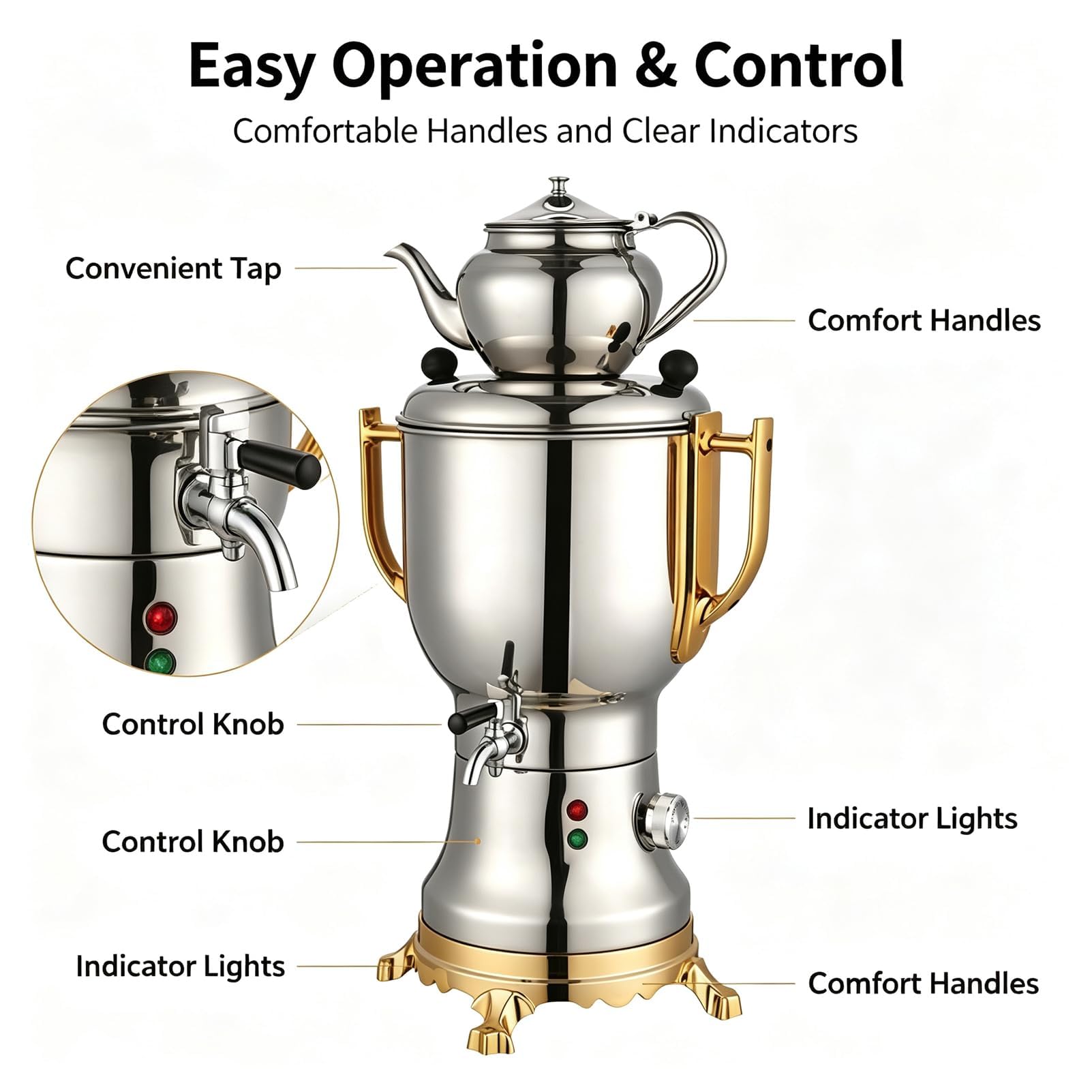 Samovar Turco Elettrico 1800W con Teiera in Acciaio Inox da 4+1L | Macchina per Tè Turco Elettrica con Design a Doppio Strato & Isolamento Termico Intelligente, Teiera per Caffè