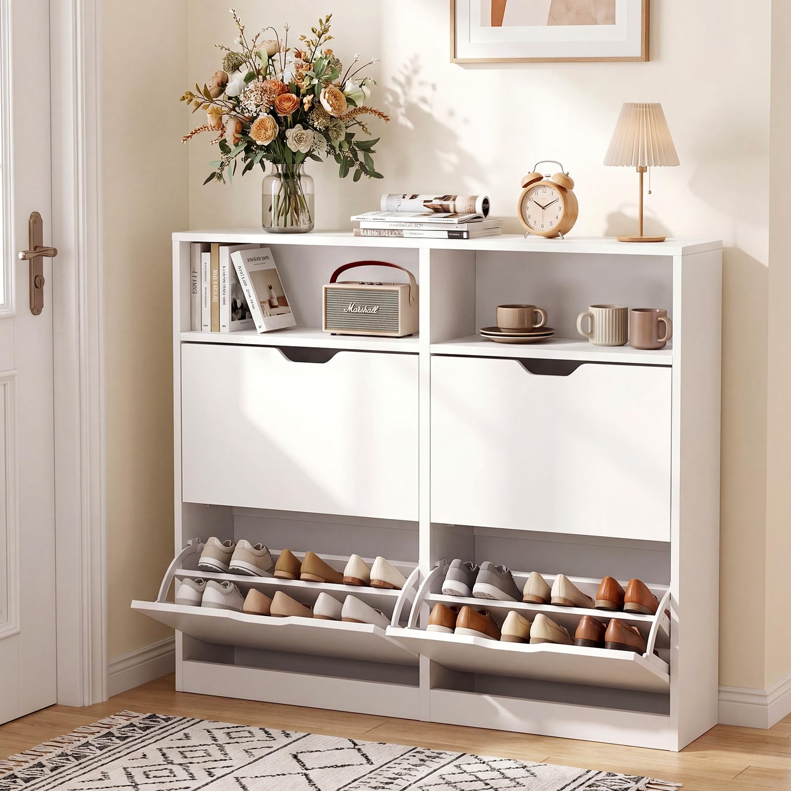 VOWNER Zapatero Entrada Recibidor, Zapatero Estrecho Blanco con 4 Puertas, 105 x 24 x 100 cm (Largo x Ancho x Alto), Madera, con Compartimento, para Entrada Estrecha, Pasillo