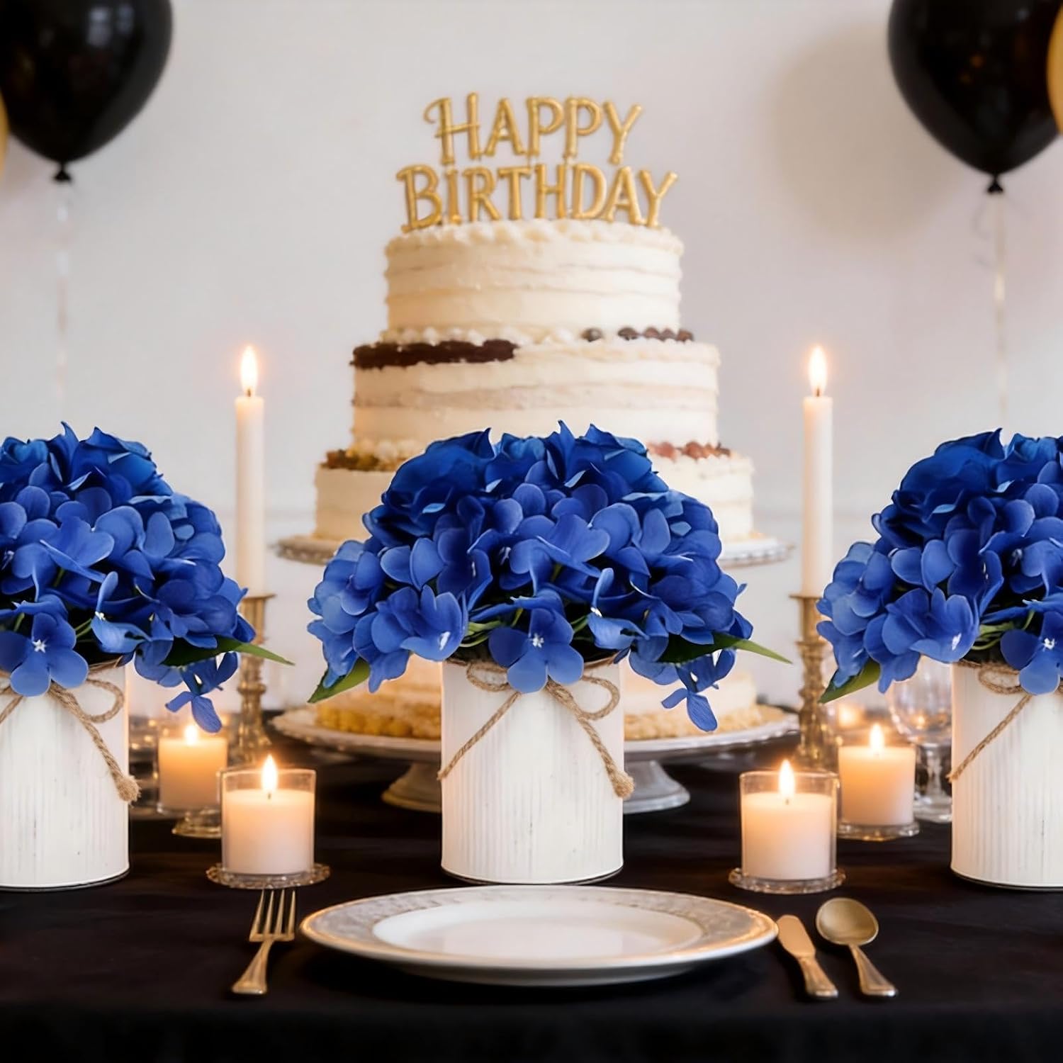 Condition photo showing New/Like New for flower table centerpieces - set of 6 floral arrangement artificial wedding hydrangeas floral arrangement with rustic metal vase for bridal tea party event decorations - royal blue royal blue set of 6 floral arrangement