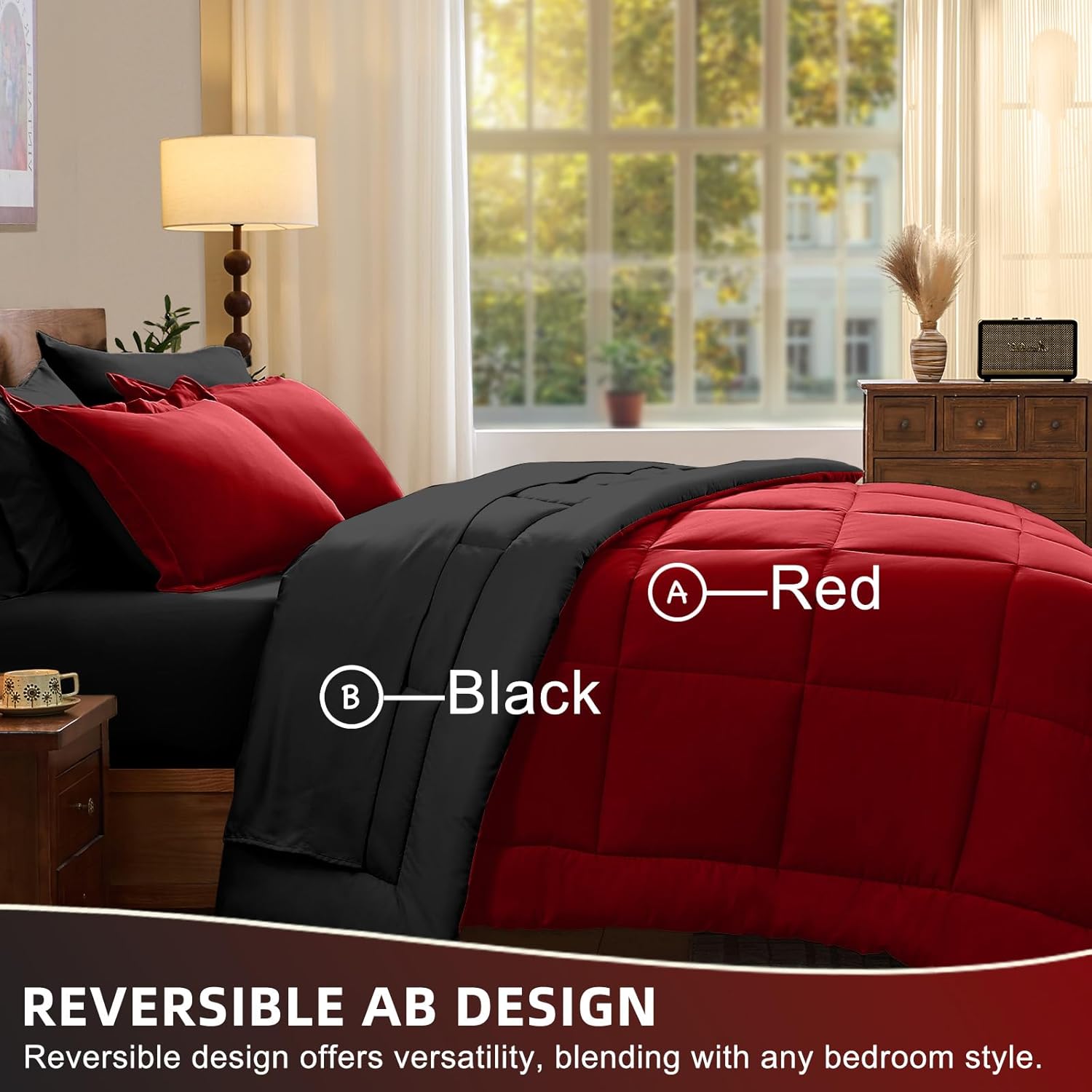 FUANNA Queen Comforter Set 7 Pieces, Reversible Queen Size Bed in a Bag with All Season Premium Comforter, Bedding Sets Includes Comforter, Flat Sheet, Fitted Sheet, Pillowcases & Shams, Red & Black