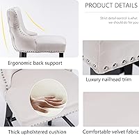Vista 5 de Rhomtree Taburetes de bar tapizados de terciopelo modernos de 27 pulgadas con patas de madera, botón acolchonado, cabeza de clavo cromada, taburetes