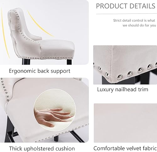 Miniatura 5 de Rhomtree Taburetes de bar tapizados de terciopelo modernos de 27 pulgadas con patas de madera, botón acolchonado, cabeza de clavo cromada, taburetes