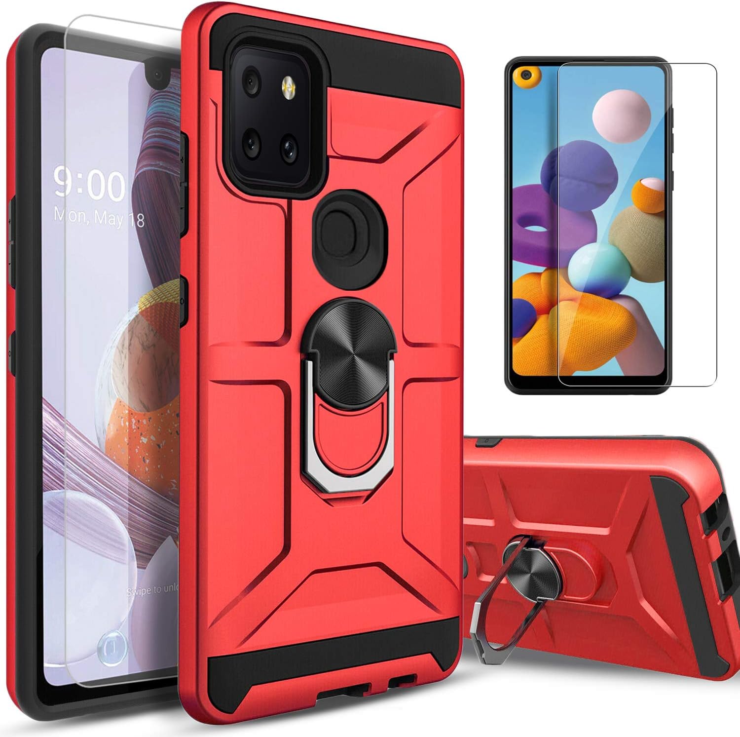 STARSHOP Compatible for T-Mobile Revvl 5G Phone Case, [Not Fit Revvl 4 Plus/Revvl 4] with [Tempered Glass Protector Included] Dual Layers Rotatable Ring Kickstand Shockproof Cover - Red