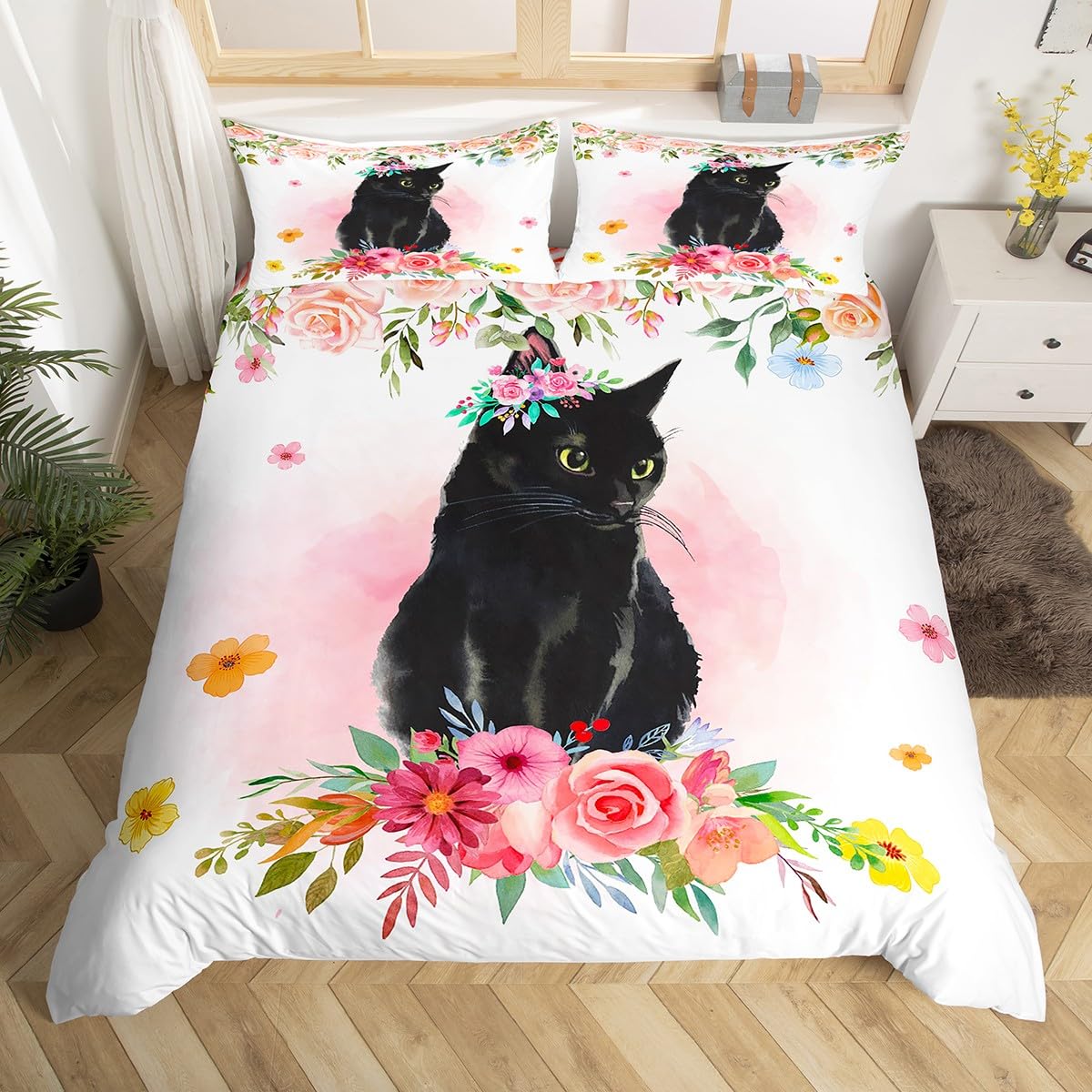 Bettbezug mit schwarzer Katze, 220 x 240 cm, Bettwäsche-Set Kätzchen, für Jungen, Kinder, Mädchen, Bettwäsche, Tiere, Rosa, Aquarellfarben, Blumen, Boho, rustikale Boho-Dekoration