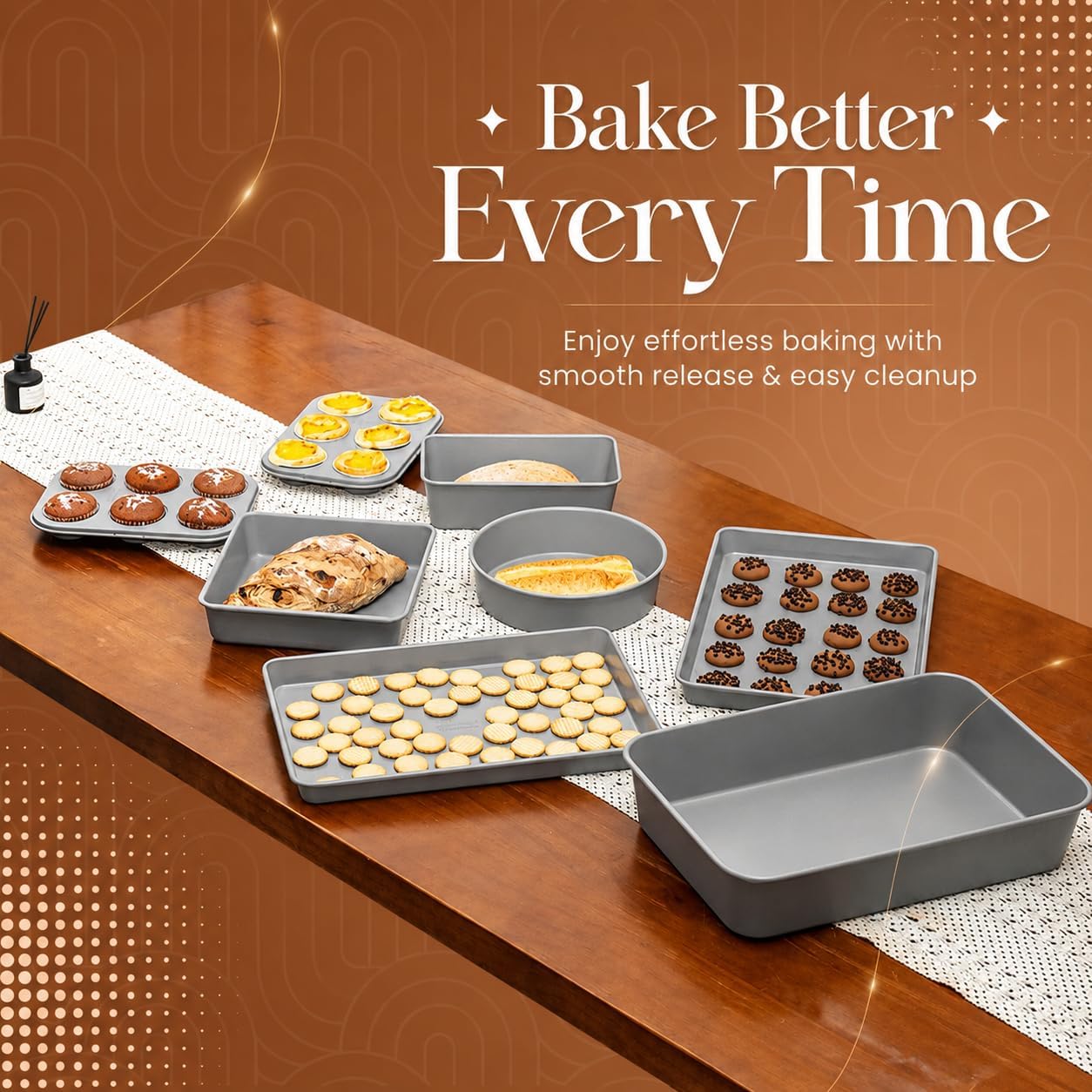 Nonstick Bakeware Set 8 Piece - Stackable Baking Pan Set, Oven safe 450°F, Carbon Steel Baking Set with Muffin, Loaf, Cookie Sheets & Roaster, Easy Storage, BPA-Free (Gray)