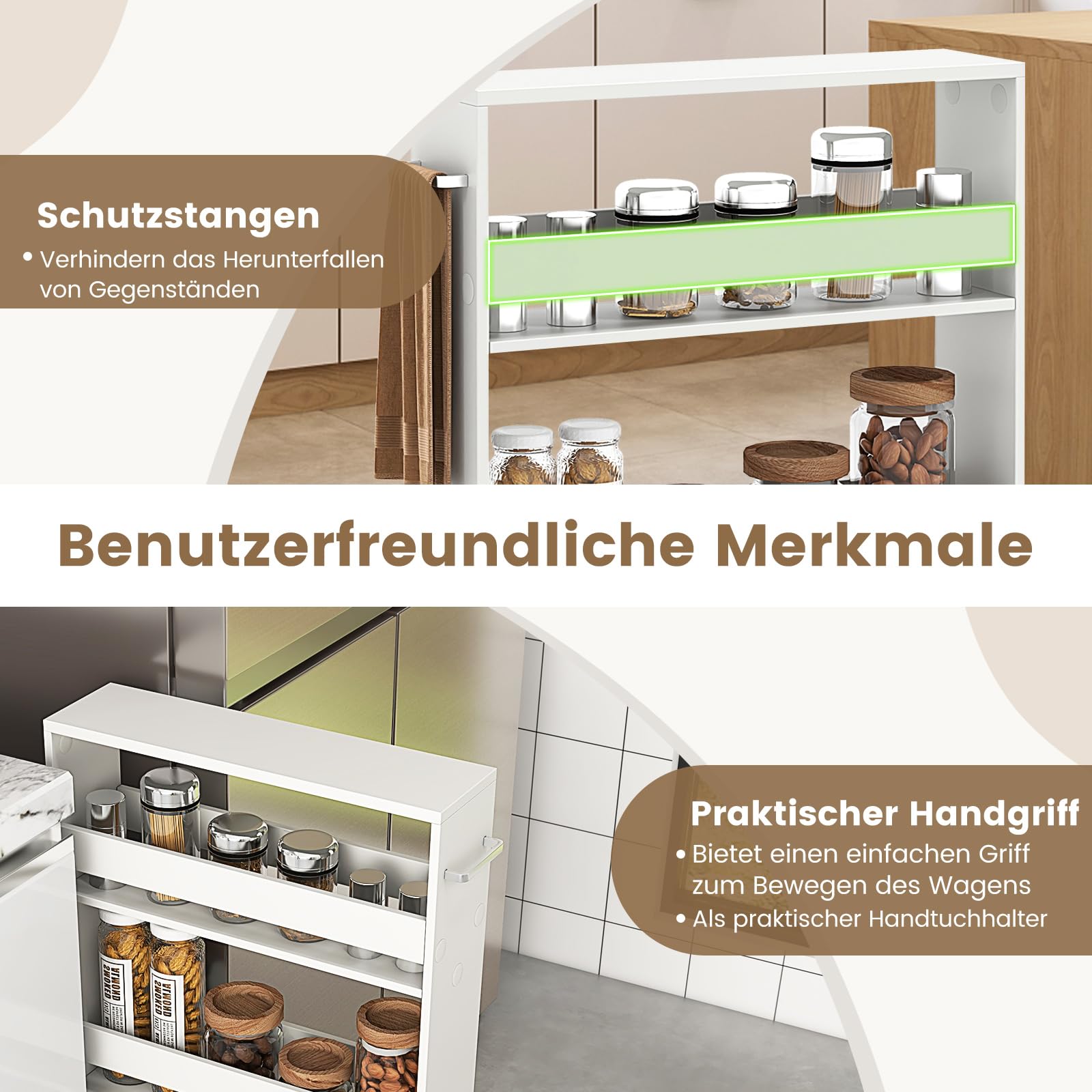 COSTWAY Nischenwagen 13cm breit, Nischenregal Badregal 4 Etagen, Nischenschrank auf Rollen, Servierwagen schmal, Küchenwagen mit Griff, Rollwagen Bad, Holz, 47,5x13x80,5cm (Reines Weiß)