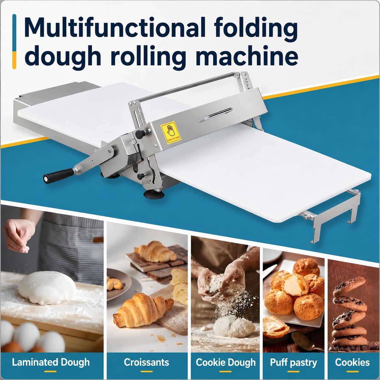 Faltbare Teigausrollmaschine 400 | Manuelle Teigrolle mit einstellbarer Dicke für Blätterteig, Croissants, Pizzateig und Backwaren