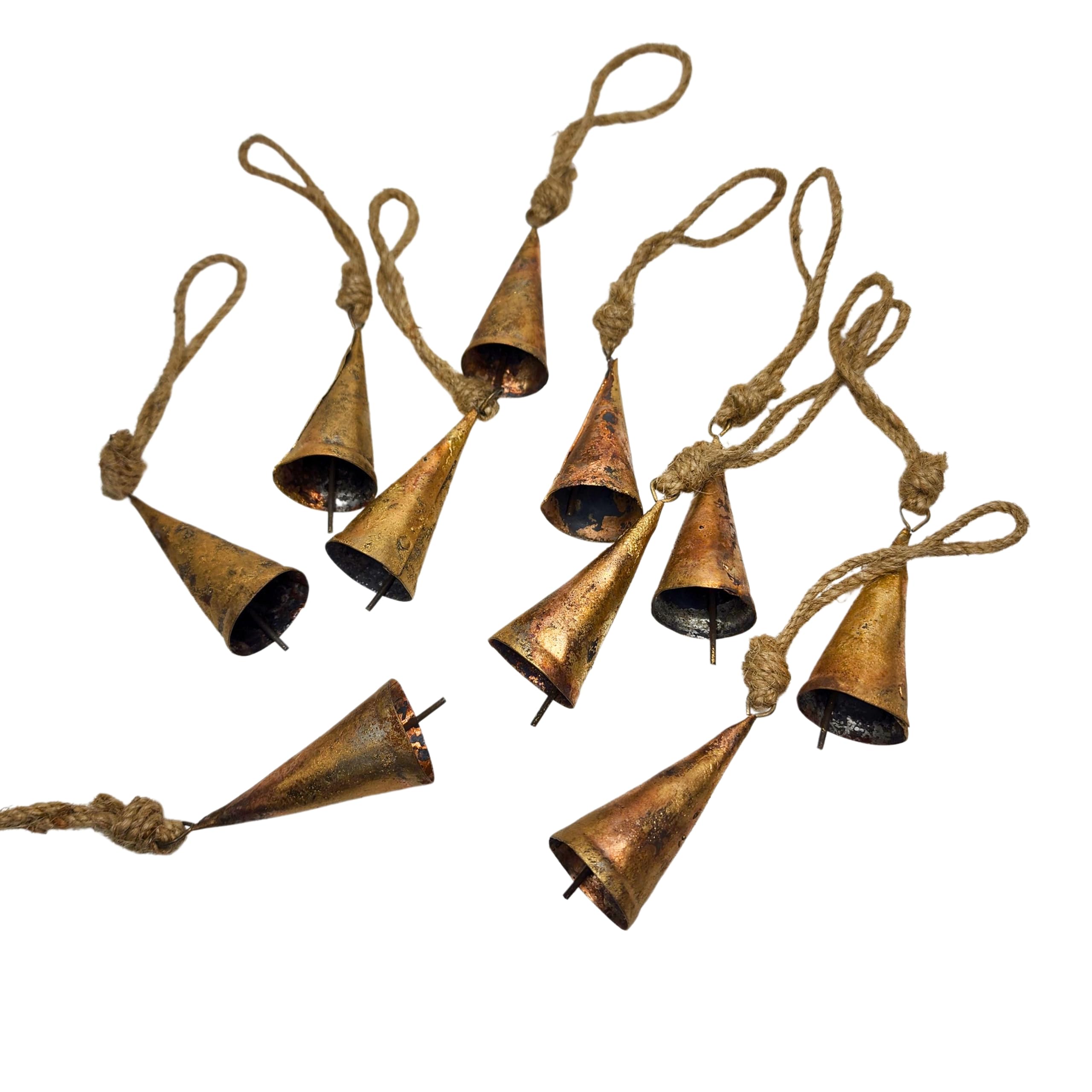 Campanas de vaca de metal de 7 cm, estilo vintage, rústicas, hechas a mano, con cuerda de yute (10 unidades, cono)