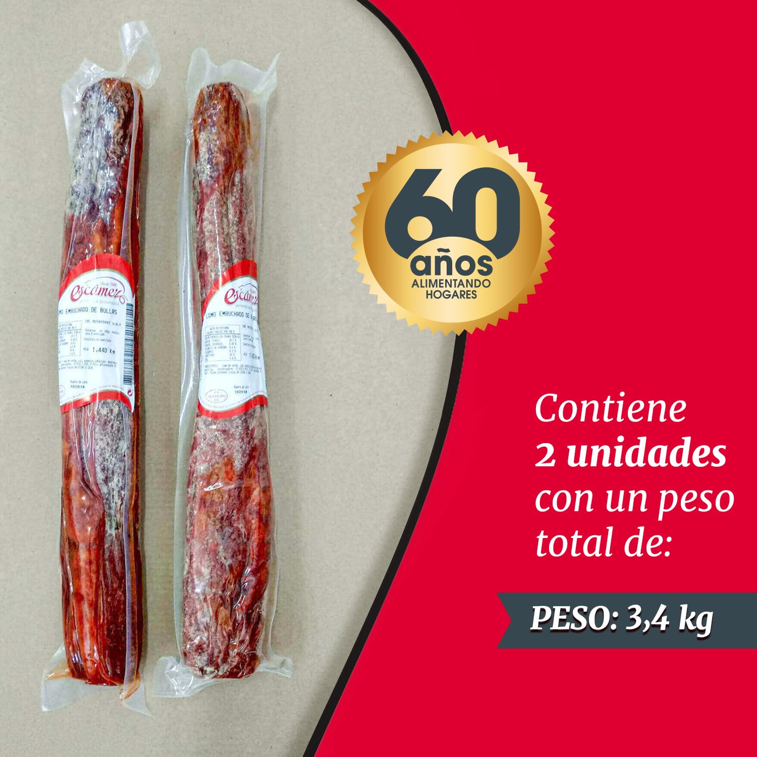 Lomo Embuchado | 3,6 kg | Caña de Lomo de Cerdo | Lomo Embutido Empaquetado en 2 Piezas de 1,8 kg Aprox | Embutido de Carne de Cerdo | Origen España