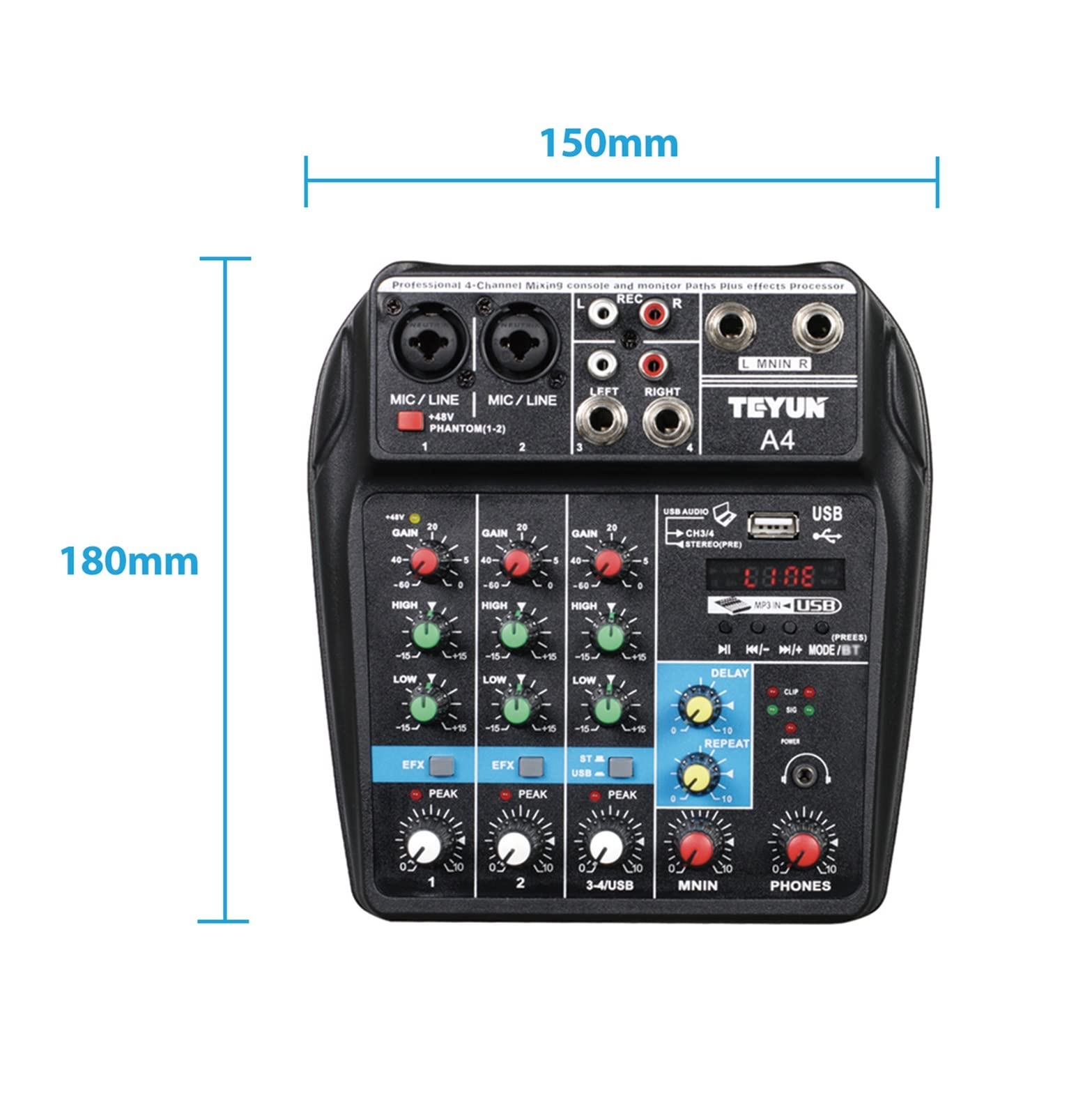 Attrezzatura per DJ per Feste A4 Bluetooth Console di miscelazione del Suono USB Registra Computer 48V Phantom Power Delay RepAeat Effect 4 Canali USB Mixer Audio(E-U)