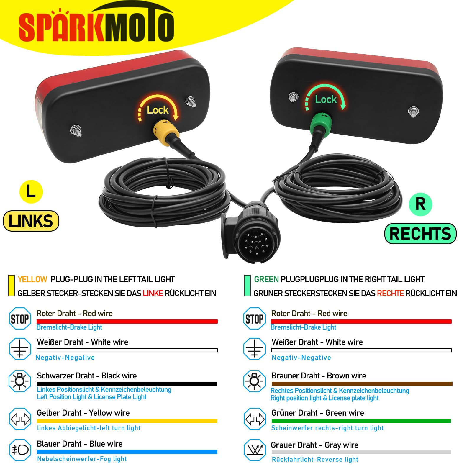 Kit Fanali Posteriori Rimorchio 13 Poli Con Cablaggio Cavo 5.5 m Spina 13 Poli,Set Di Luci Rimorchio 13 Pin Con Cavo Connettore Baoionetta