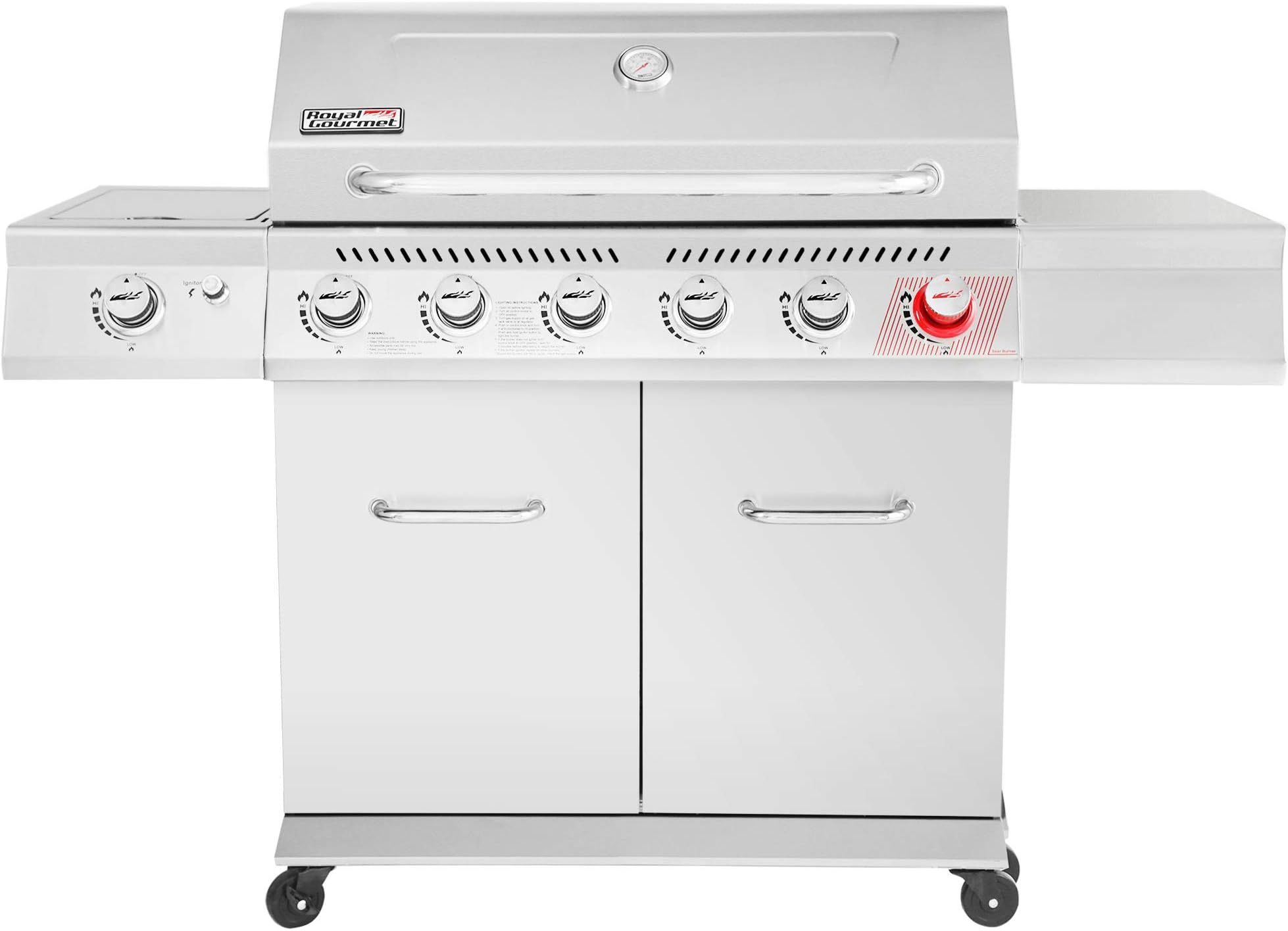 Royal Gourmet GA6402S Premier 6 BBQ Stainless Steel Propane Gas Grill with Sear Side Burner Cabinet Style Outdoor Party Cooking, Silver