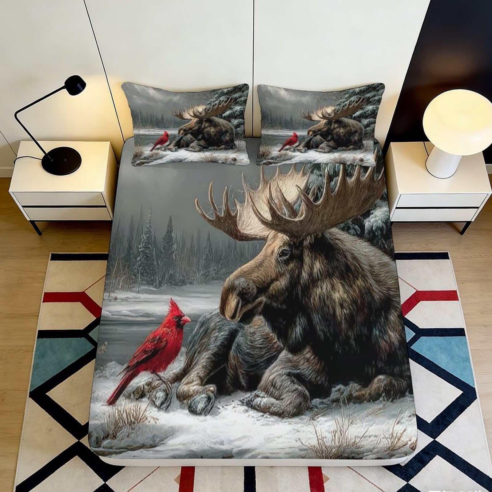 3D Printed Moose Forest Fitted Sheet Microfiber Soft Breathable Cardinal Bird Bed Cover for Bedroom Guest Room Decor 90x200x25cm