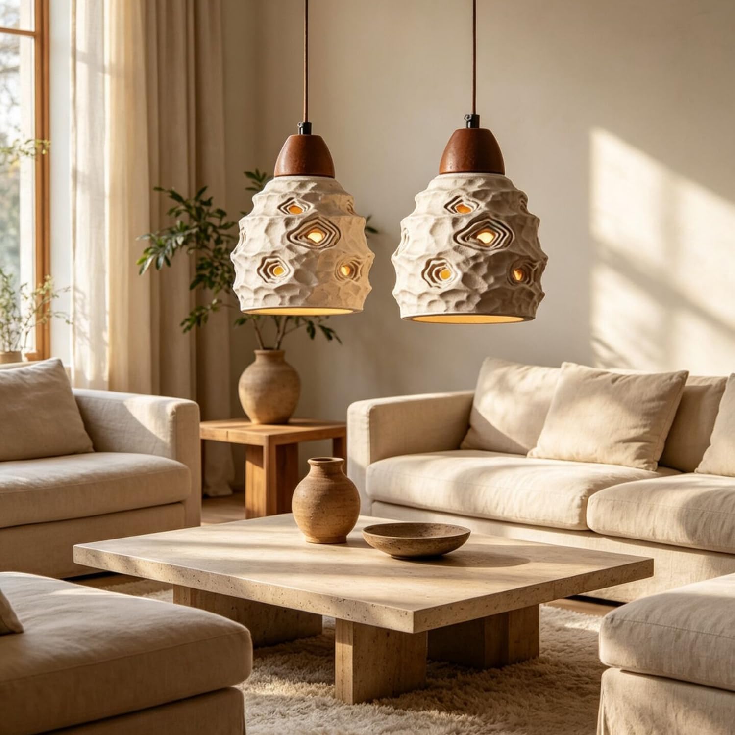 Lampadario creativo in cemento con luci sospese in legno