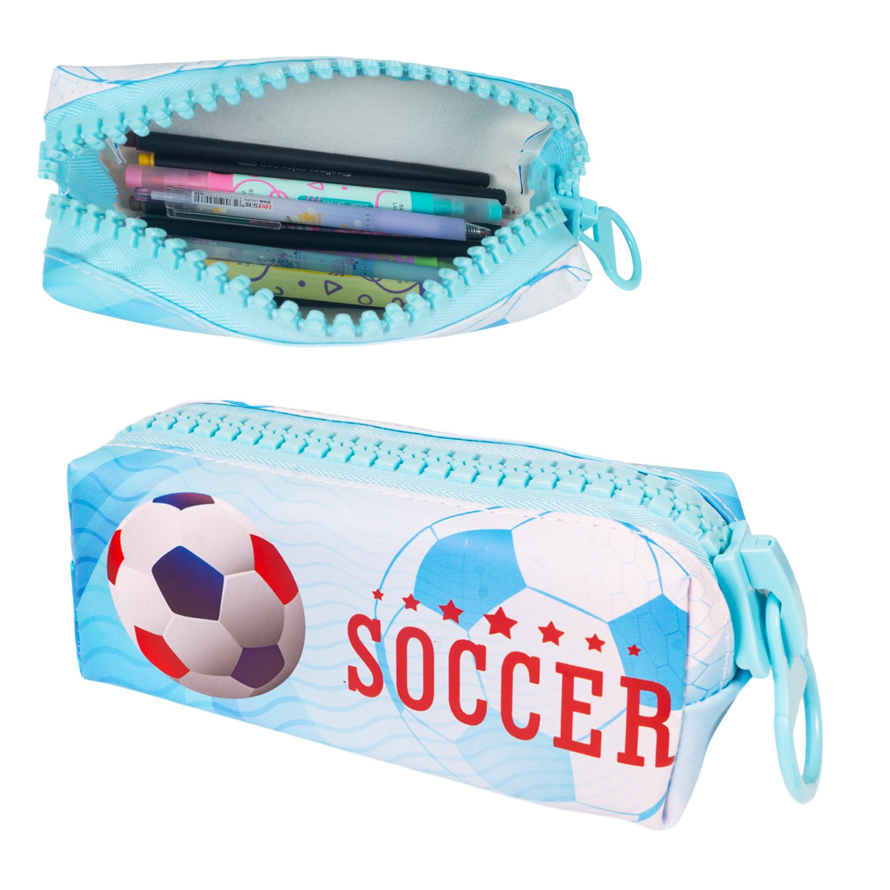 WISHKEY Soccer Theme Pencil Pouch for Kids, Stylish Zipper Pencil Box for Storing Stationery Items, Large Capacity Stationery Organizer Pouch for School Students, (Pack of 1, Blue)