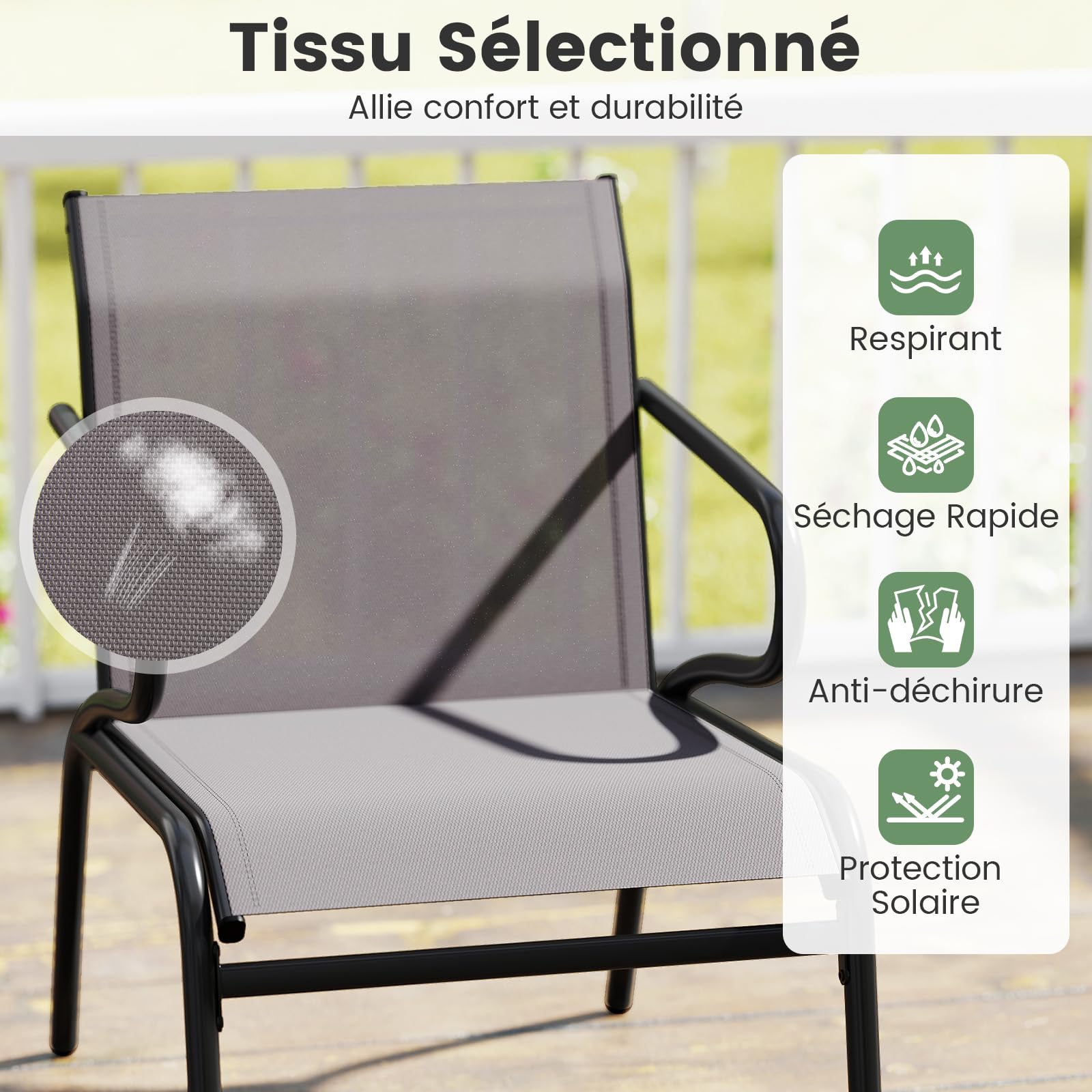 GOPLUS Lot de 2 Chaises Jardin Exterieur, Chaise Balcon Empilables avec Dossier Haut et Accoudoirs, Tissu Respirant et Structure Métallique, pour Jardin, Terrasse, Charge 100KG