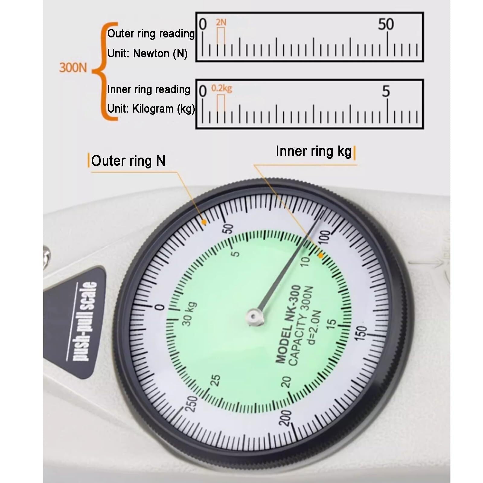 Dynamomètre numérique Push-Pull, dynamomètre Manuel avec échelle, 5 sondes, unité N/Kg, Blocage de Pointe, for essais destructifs en Compression et Traction(500N)