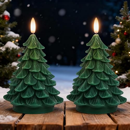 Velas de árbol de Navidad sin llama, paquete de 2 velas en forma de árbol de Navidad que funcionan con pilas con temporizador de 6 horas,