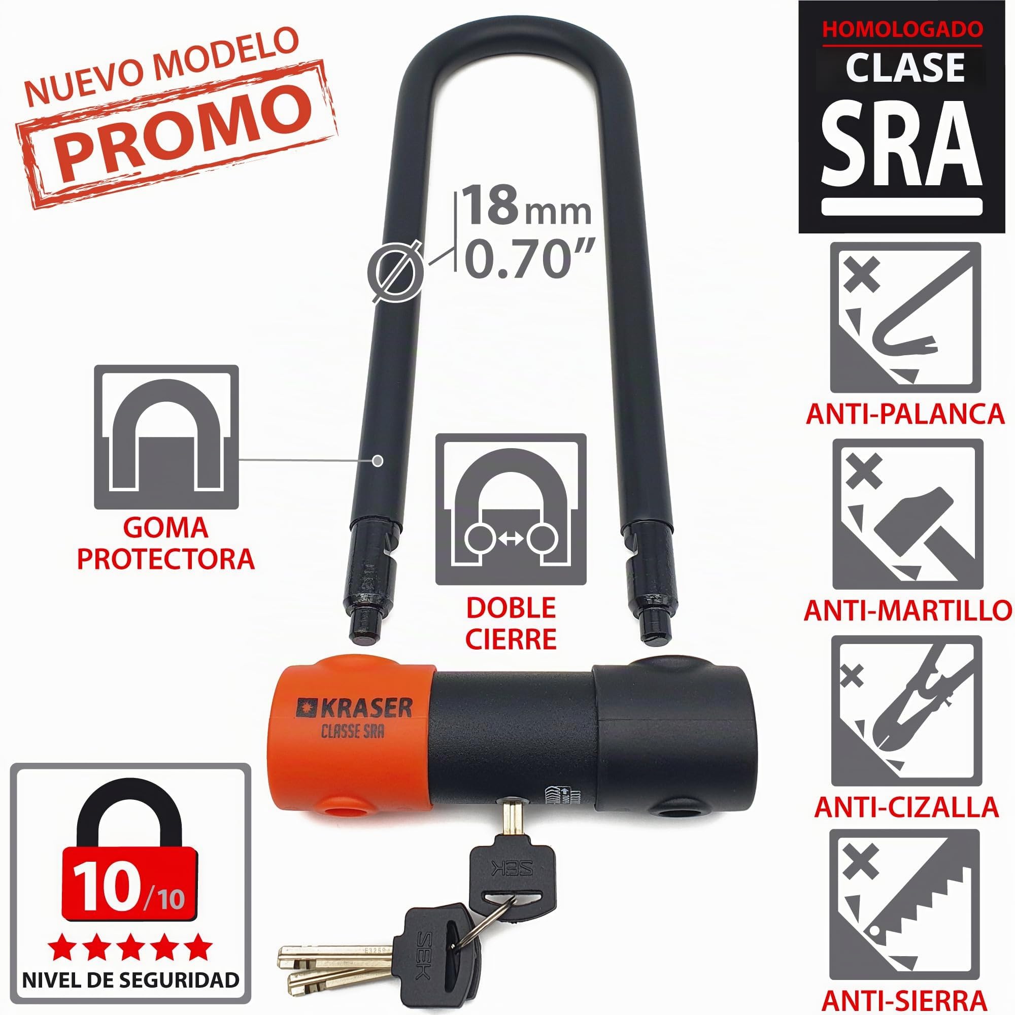 KRASER KR85L Robusto Candado Moto U Bloqueo, Homologado SRA, Alta Seguridad Testada, Arco 85x300mm ø18mm Doble Cierre, Cerradura Antiganzua, Antirrobo U Lock para Motocicleta, Scooter, Bici Eléctrica
