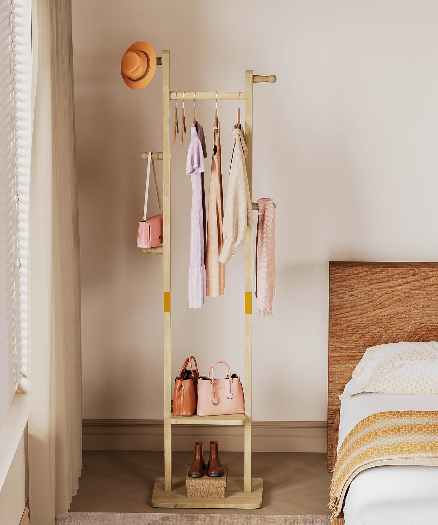 YORBAY Perchero de madera de pie: Burro Ropa con 2 estantes, 5 ganchos y 1 barra, ideal para guardar ropa, sombreros, chaquetas y bolsos, ideal para sala de estar Recibidor Dormitorio